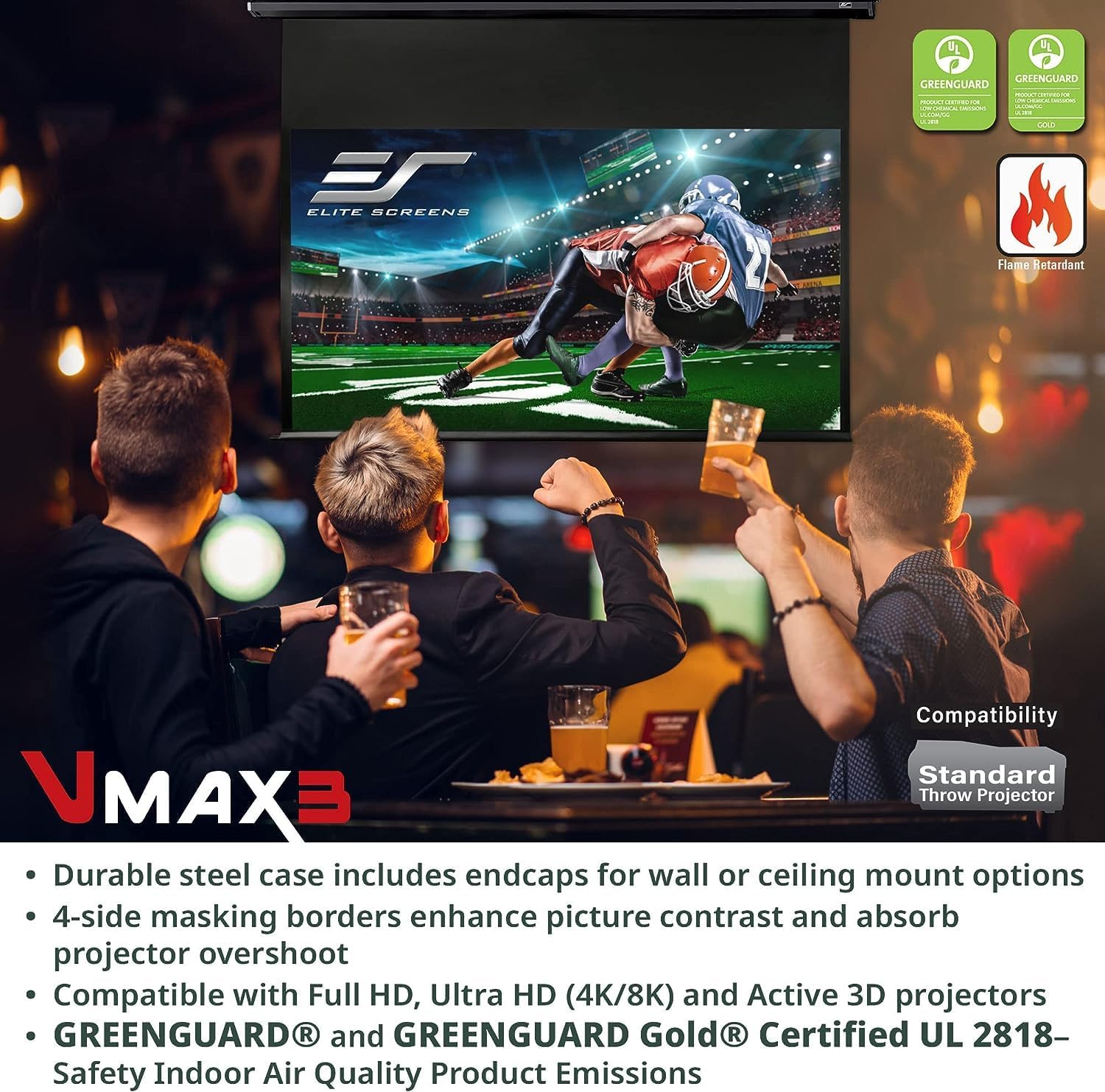 Elite Screens VMAX 3, 150 PULGADAS 169, Pantalla de proyector retráctil motorizada desplegable para juegos de película, entretenimiento VMAX150UWH3