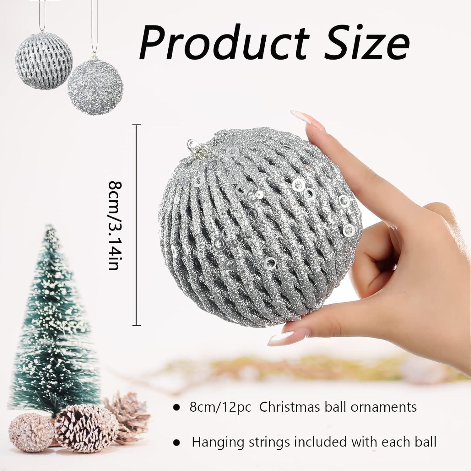 Adornos de bola de Navidad de 3.15 pulgadas, 12 piezas de bolas de lentejuelas con purpurina, bolas para árbol de Navidad, bodas, fiestas,