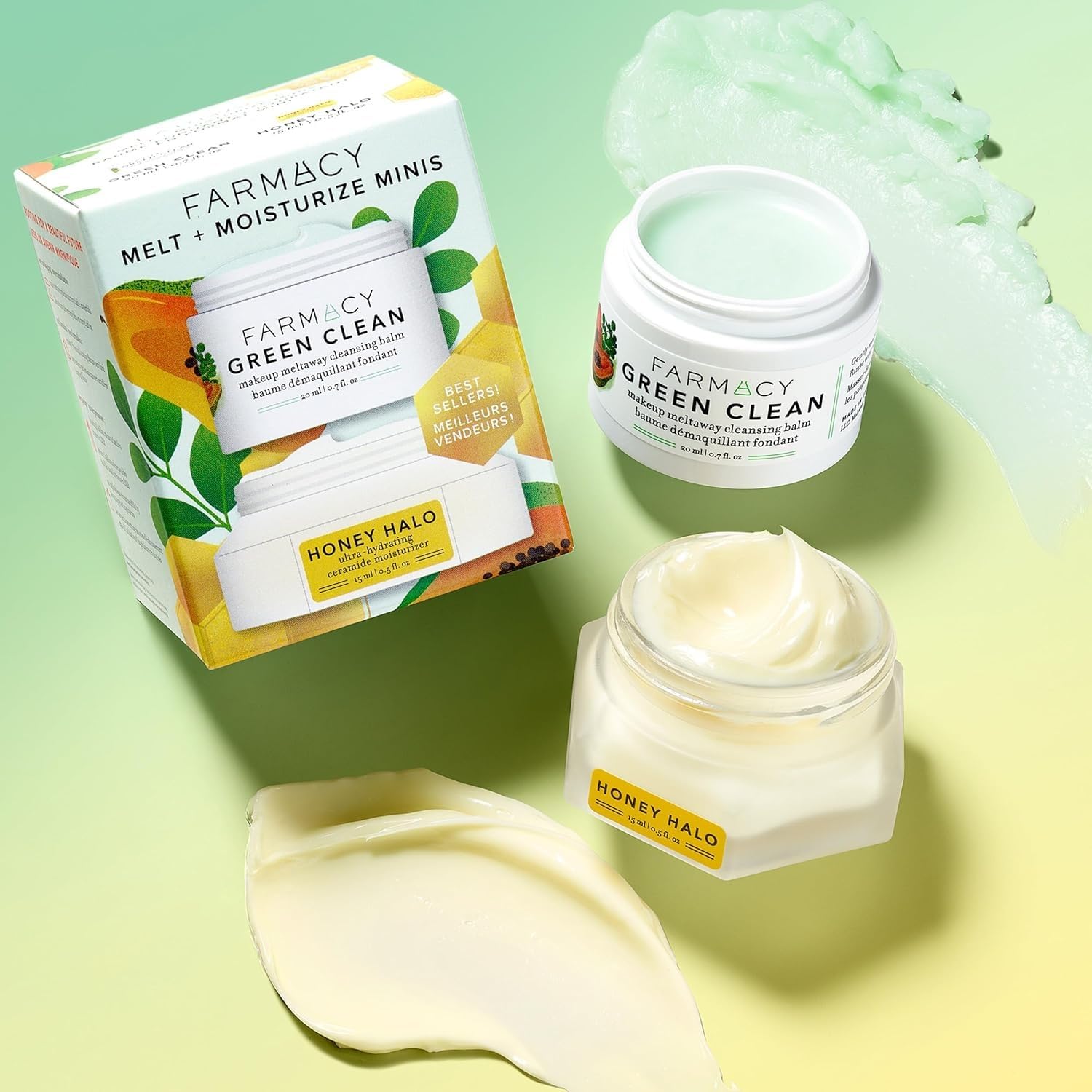Farmacy Melt + Moisturize Minis Duo  Green Clean Bálsamo limpiador de maquillaje y miel Halo Ceramida hidratante facial  La rutina perfecta para