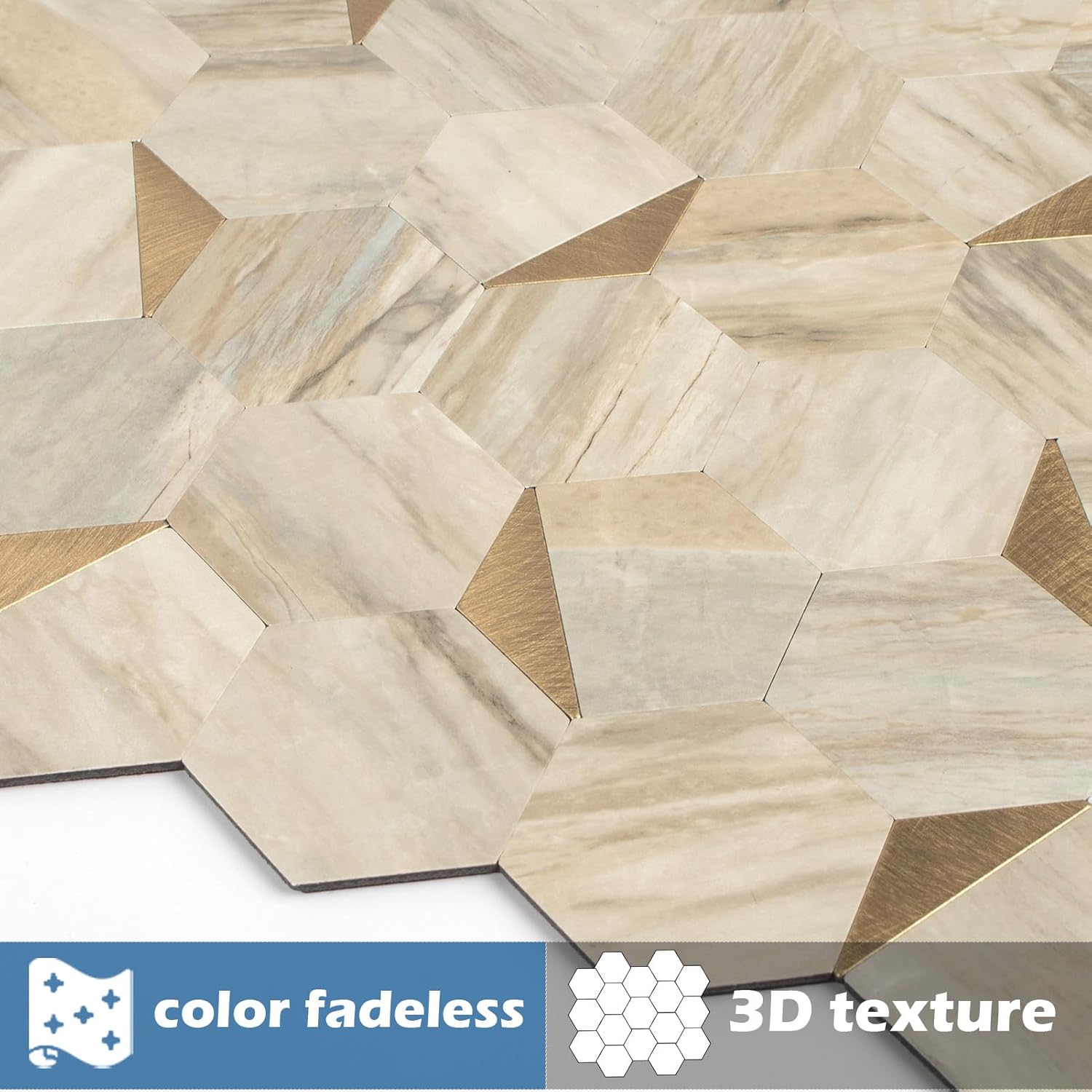 Azulejos hexagonales de 20 hojas para despegar y pegar, 12.2 x 11.34 pulgadas, mármol beige, azulejos de pared de PVC 3D mezclados de mármol beige