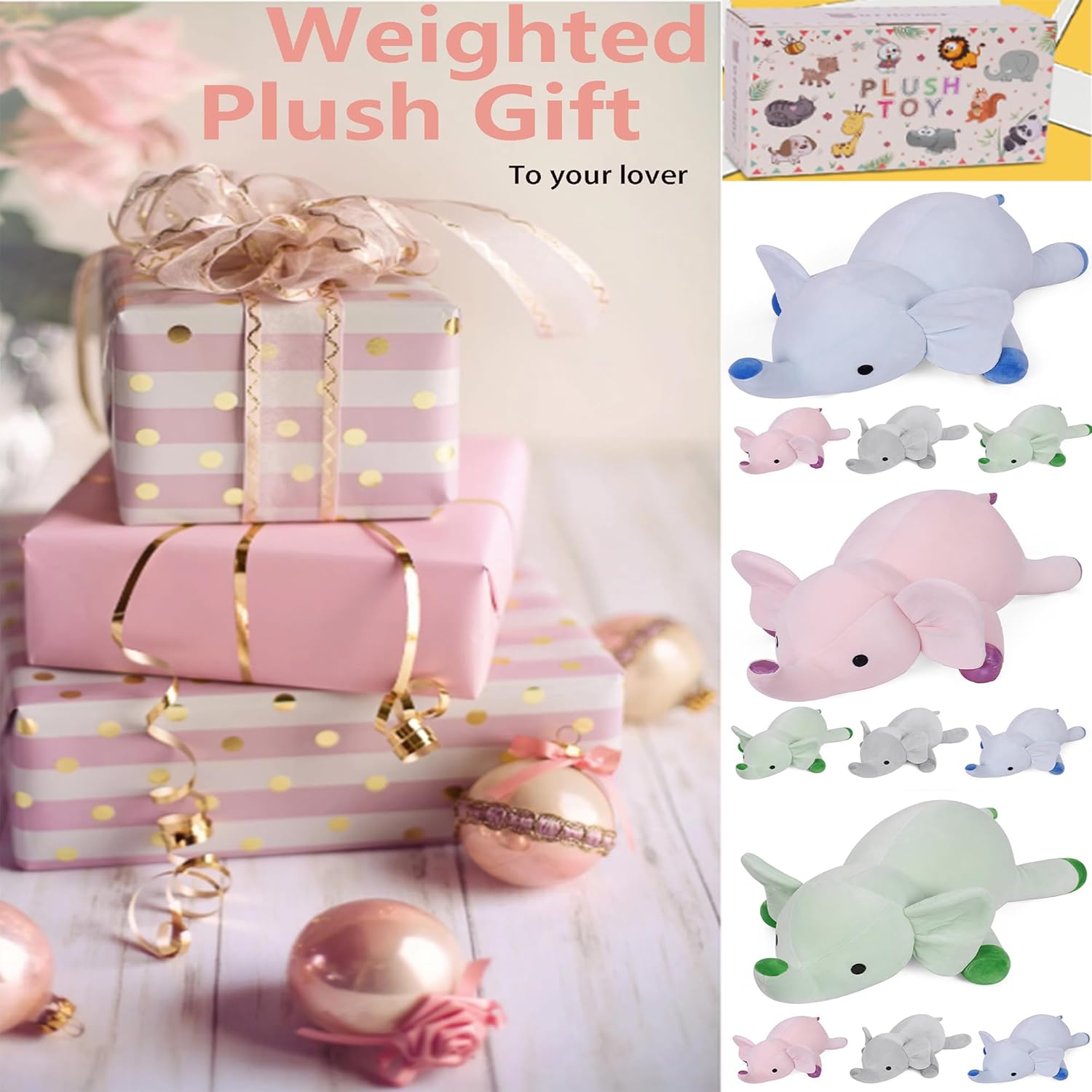 Animales de peluche con peso de elefante verde de 24 pulgadas, 4.2 libras, bonito juguete de felpa con peso, cómodo regalo para niños y adultos (24