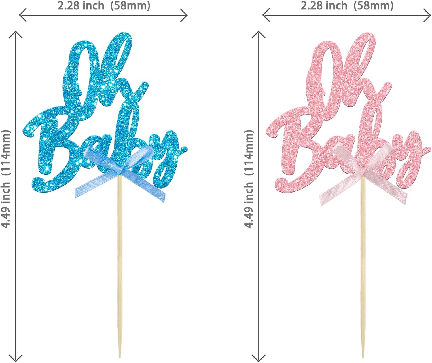 24 piezas Oh Baby Cupcake Toppers Glitter Baby Shower Cupcake Picks con lazo rosa y azul revelación de género decoraciones para cupcakes para niños