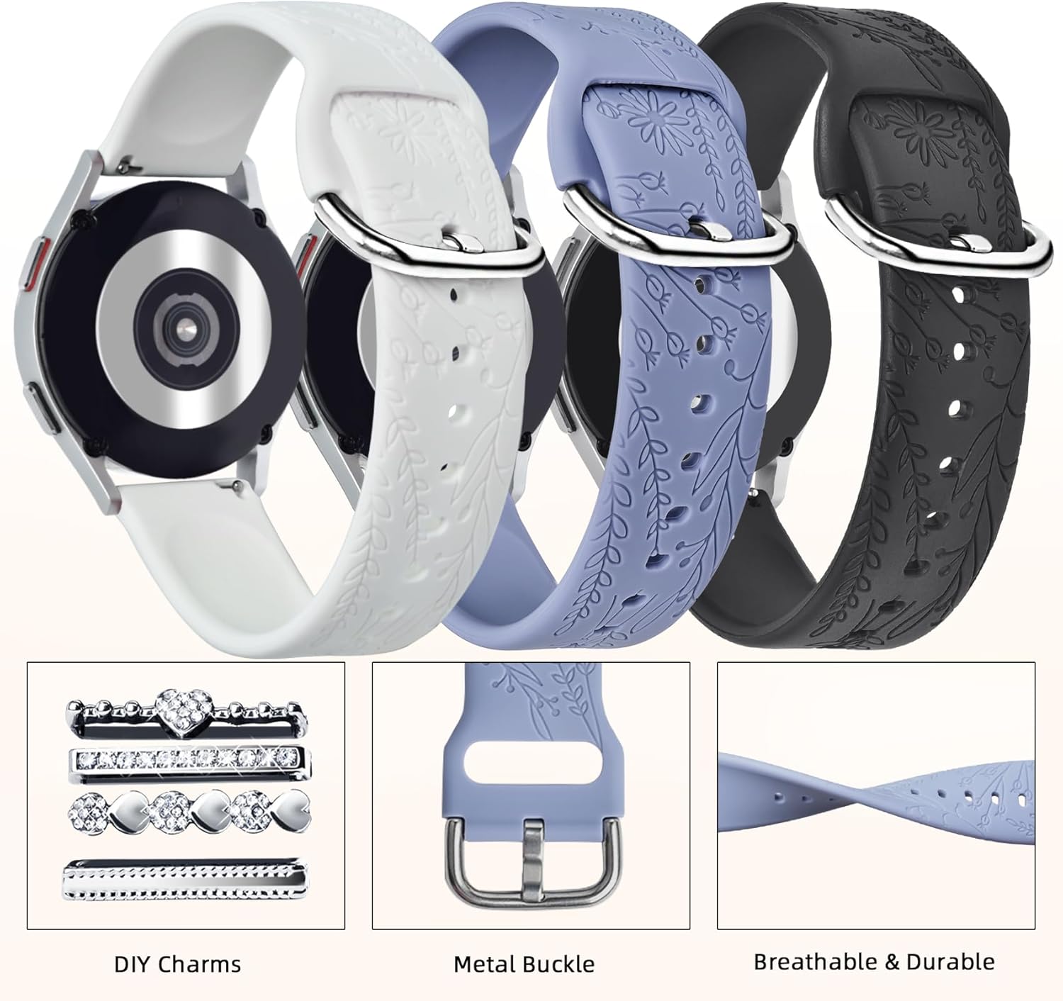 Correas para Samsung Galaxy Watch 654 Band 1.575 in 1.732 in con dijes, correa de repuesto de silicona grabada con flores de 0.787 pulgadas para