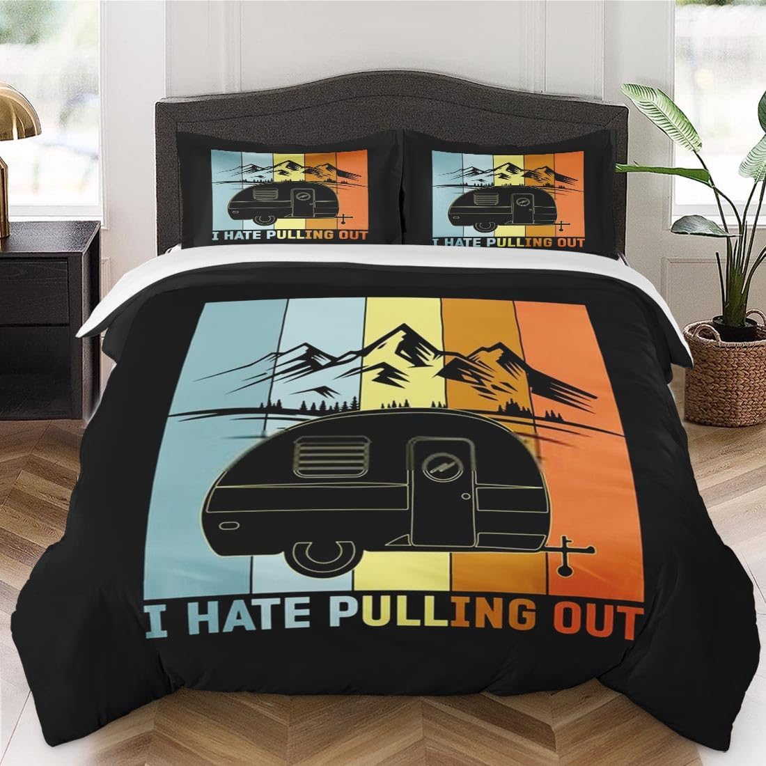 Juego de funda de edredón tamaño King, divertido juego de ropa de cama retro para acampar con cierre de cremallera para niños y adultos, funda de