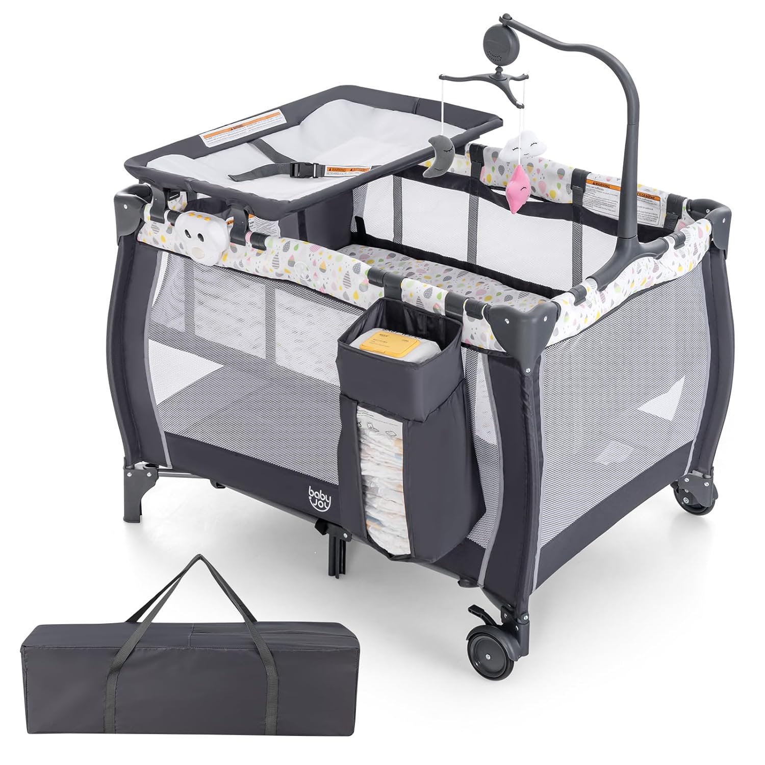 Costzon Paquete 3 en 1 con moisés, corral portátil con cambiador, caja de música, juguetes giratorios, ruedas y freno, cesta de gran capacidad,
