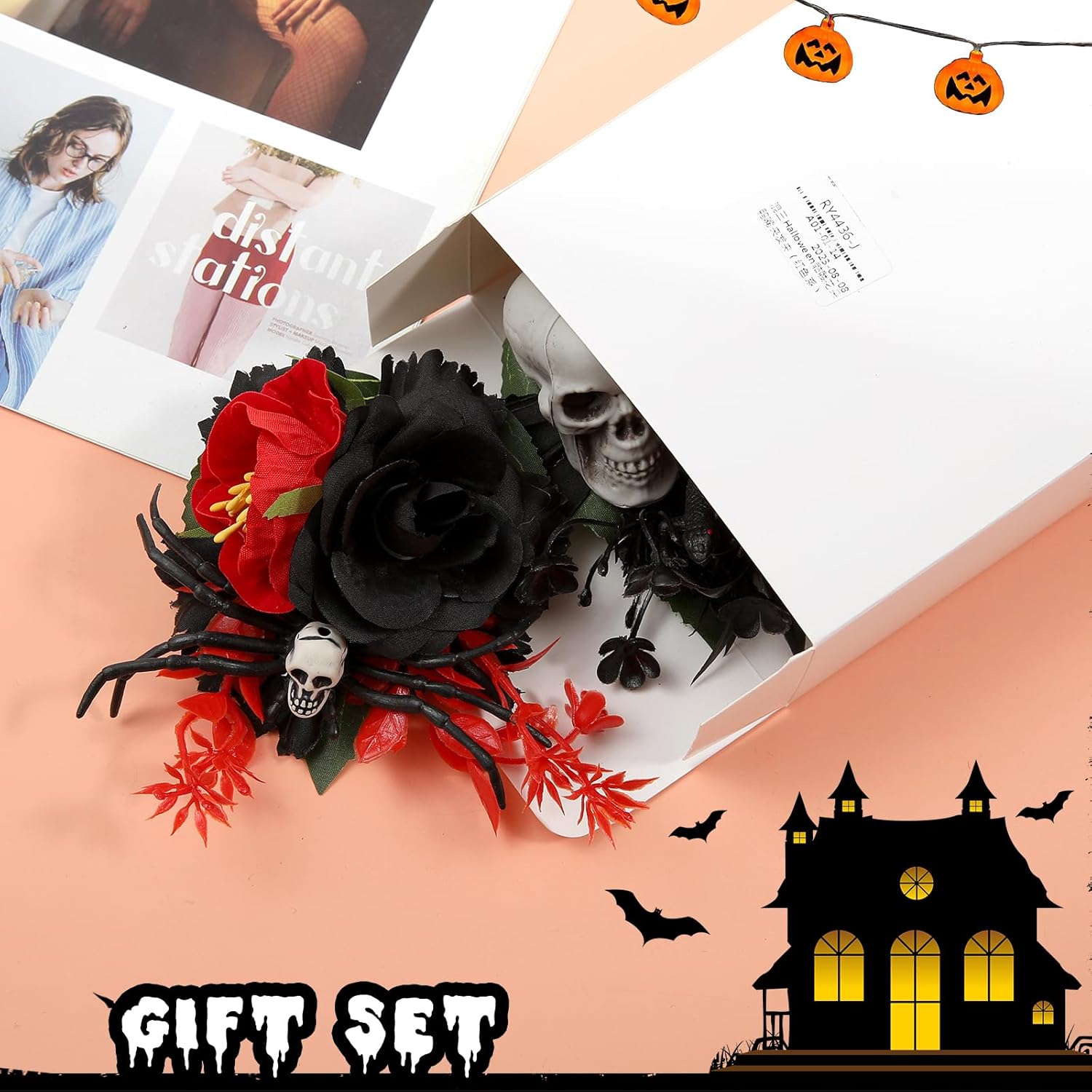 Pinza para el pelo de calavera de Halloween para mujer, 3 pasadores para el cabello con diseño de flor de rosa, horror para mujer, fiestas de