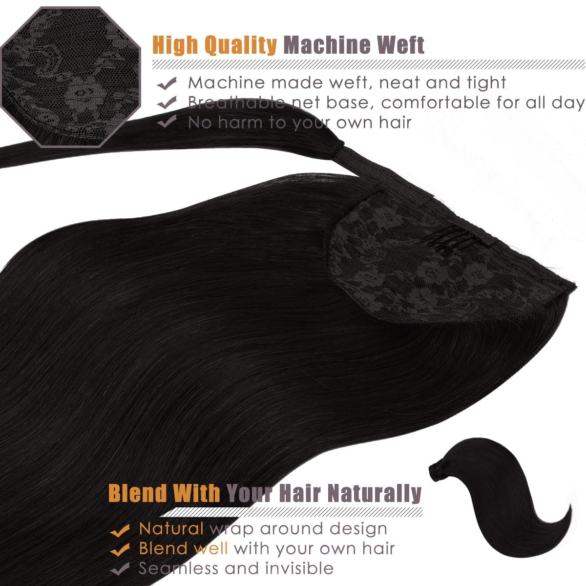 Lacer Extensiones de cabello humano real, color negro natural, 22 pulgadas, extensiones de cabello humano Remy, 22 pulgadas, extensiones de cabello