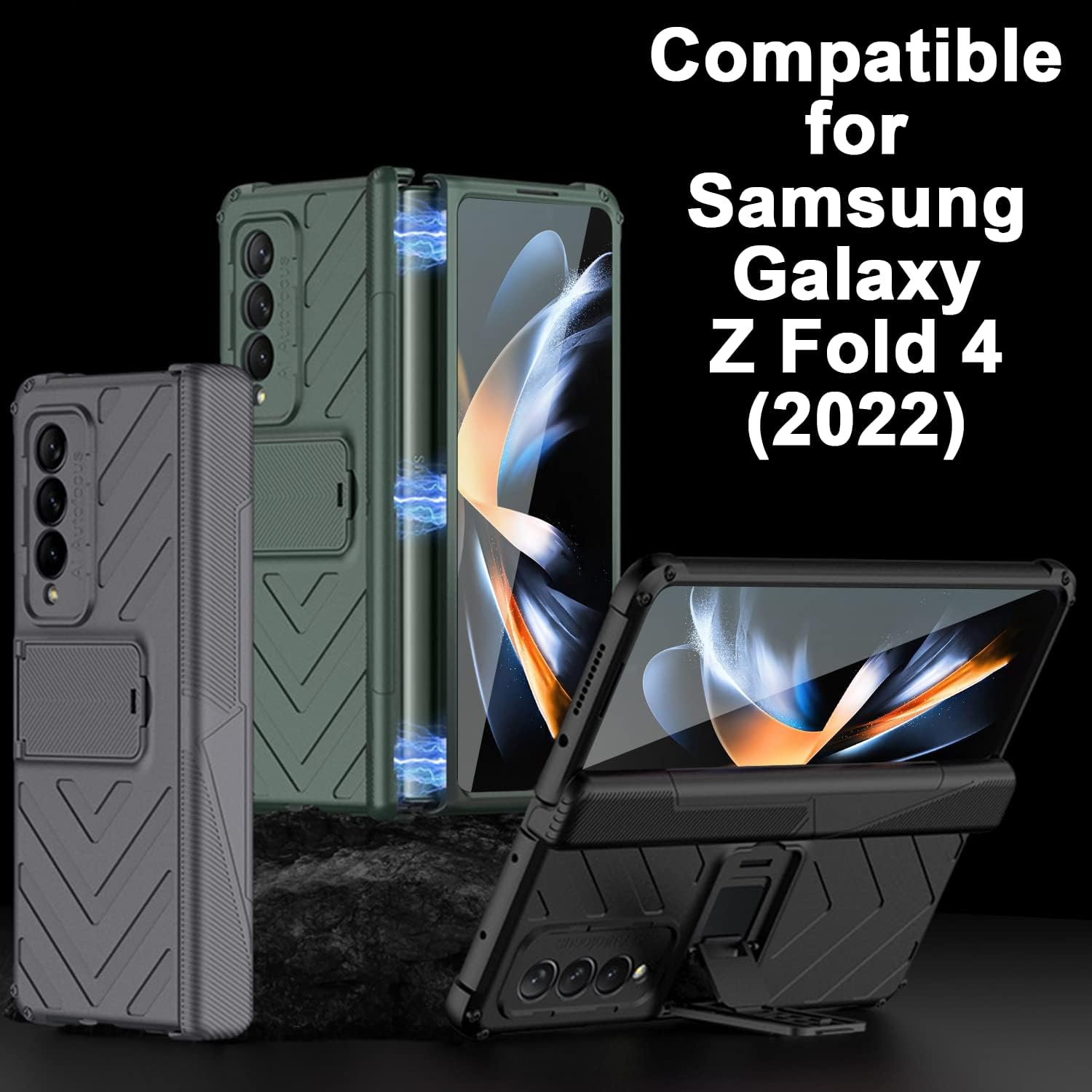 Miimall Funda compatible con Z Fold 4, funda Fold 4 con protección de bisagra, soporte ajustable, protector de pantalla de vidrio templado, funda