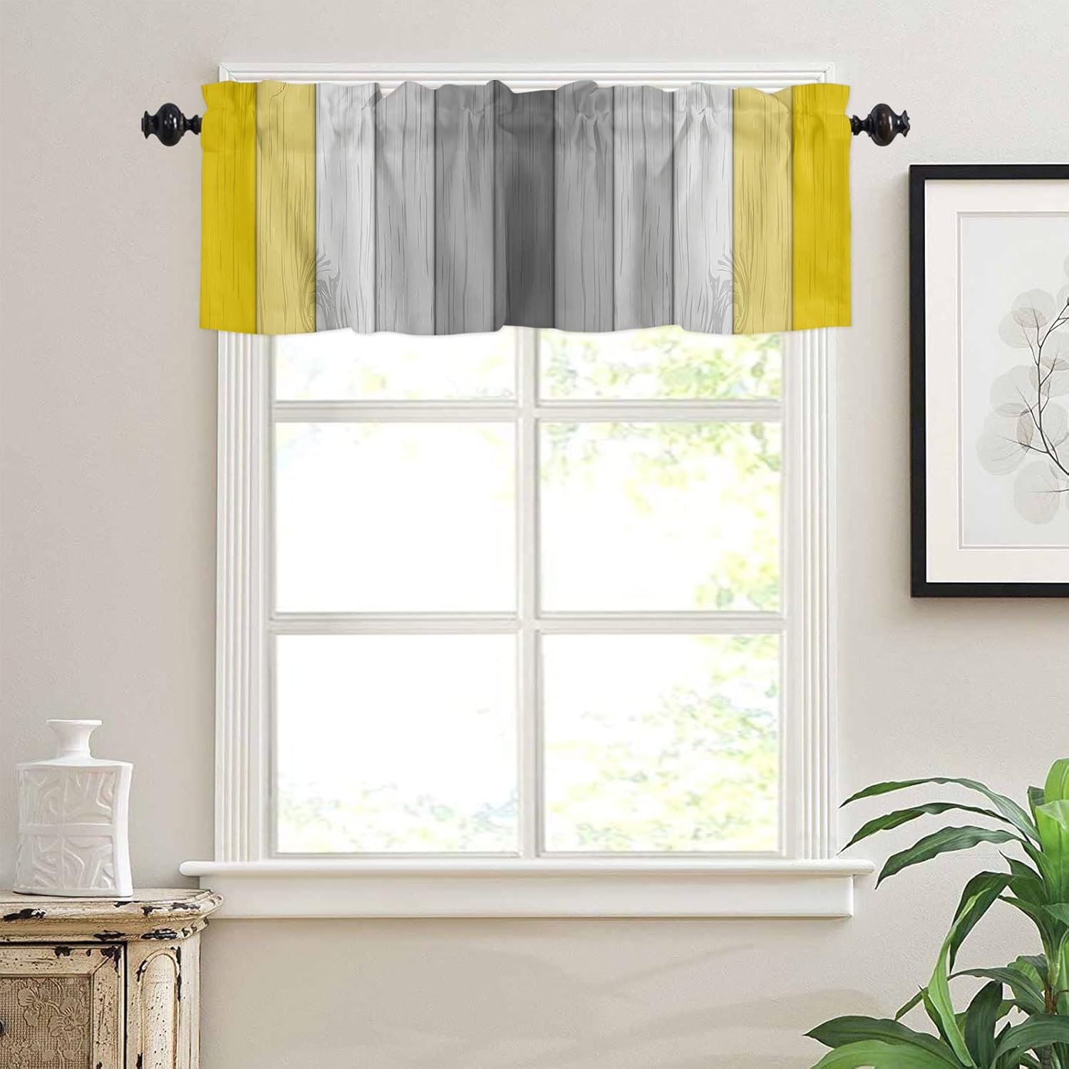 Cortina de cenefa para ventana, retro, rayas amarillas y grises, cenefa de ventana con bolsillo para barra, cenefa de ventana para cocina, sala de