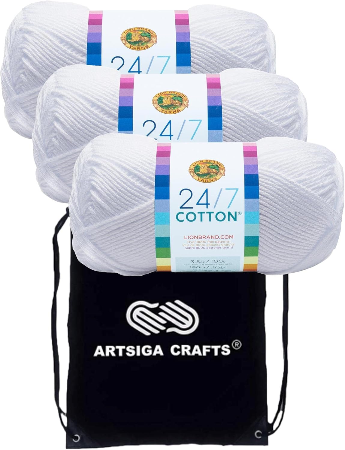 Lion Brand – Hilo de algodón blanco 247 761-100 (3 madejas, el mismo lote de tinte) para ganchillo y tejer, paquete con 1 bolsa para proyectos