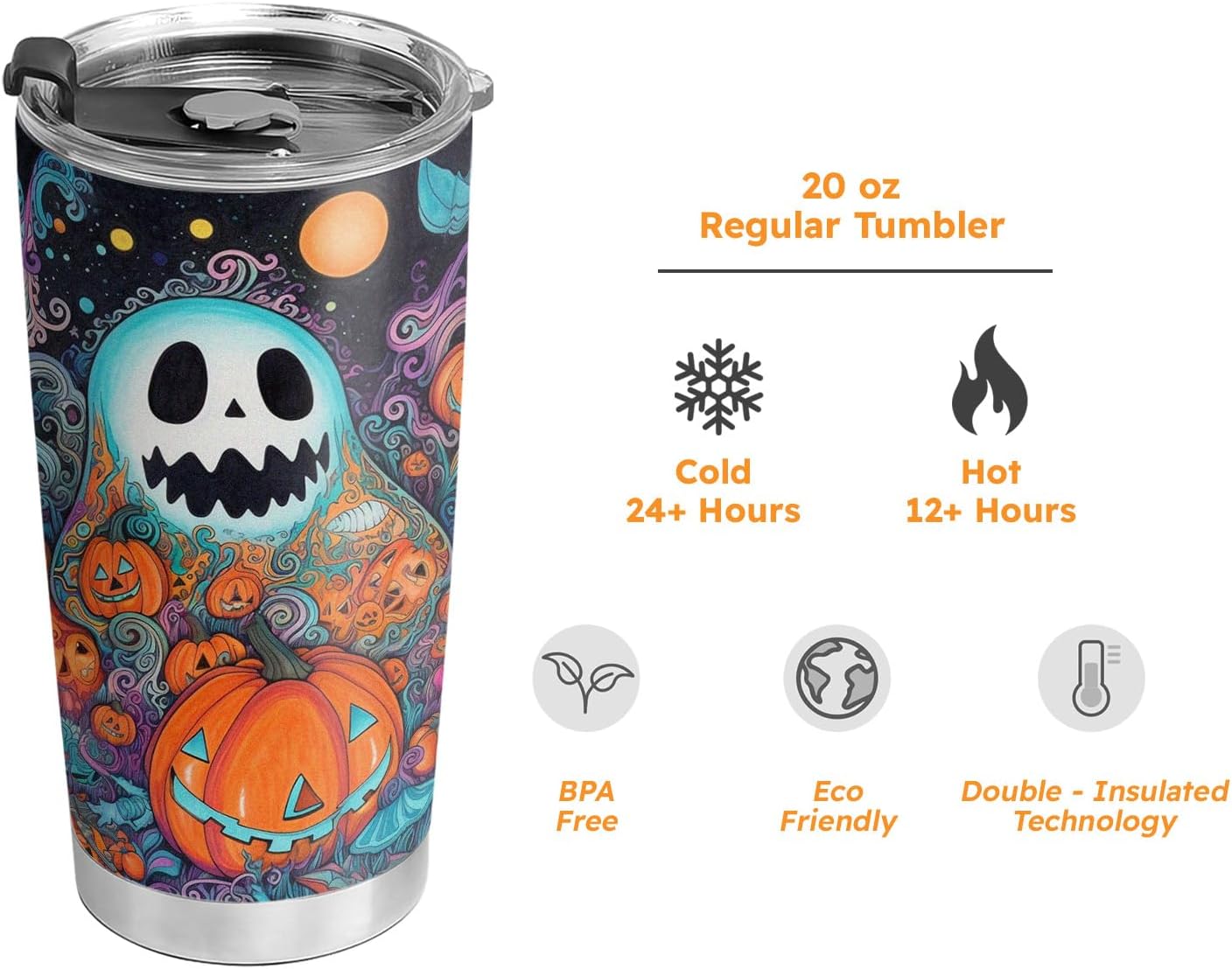Vaso de Halloween de 20 onzas, con diseño de fantasma Boo Boo, Trick or Treat, vaso de fantasma de calabaza, taza de viaje aislada con tapa, termo
