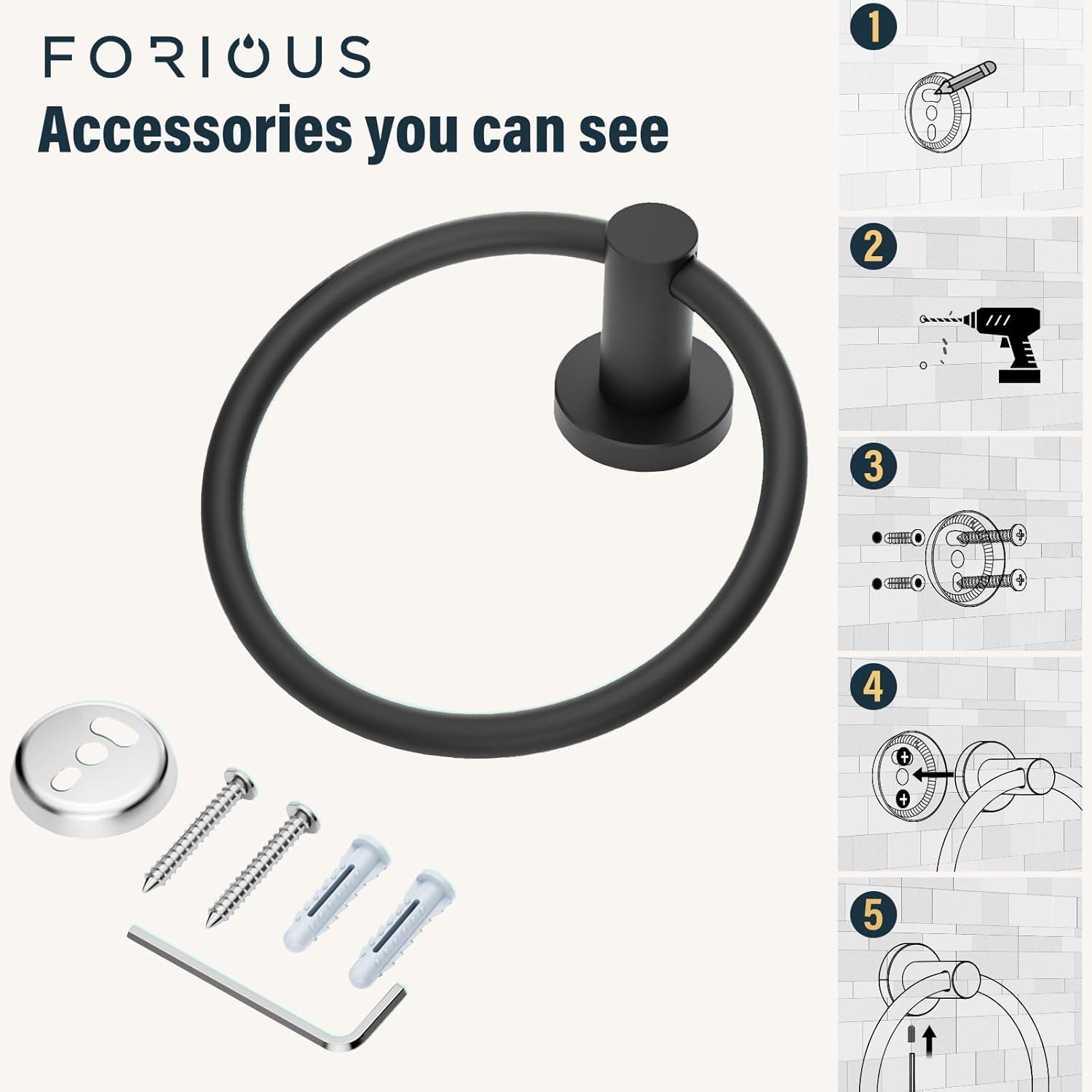 FORIOUS Paquete de 2 anillos negros para toallas de mano para baño montado en la pared, colgador de toallas de acero inoxidable, accesorio moderno