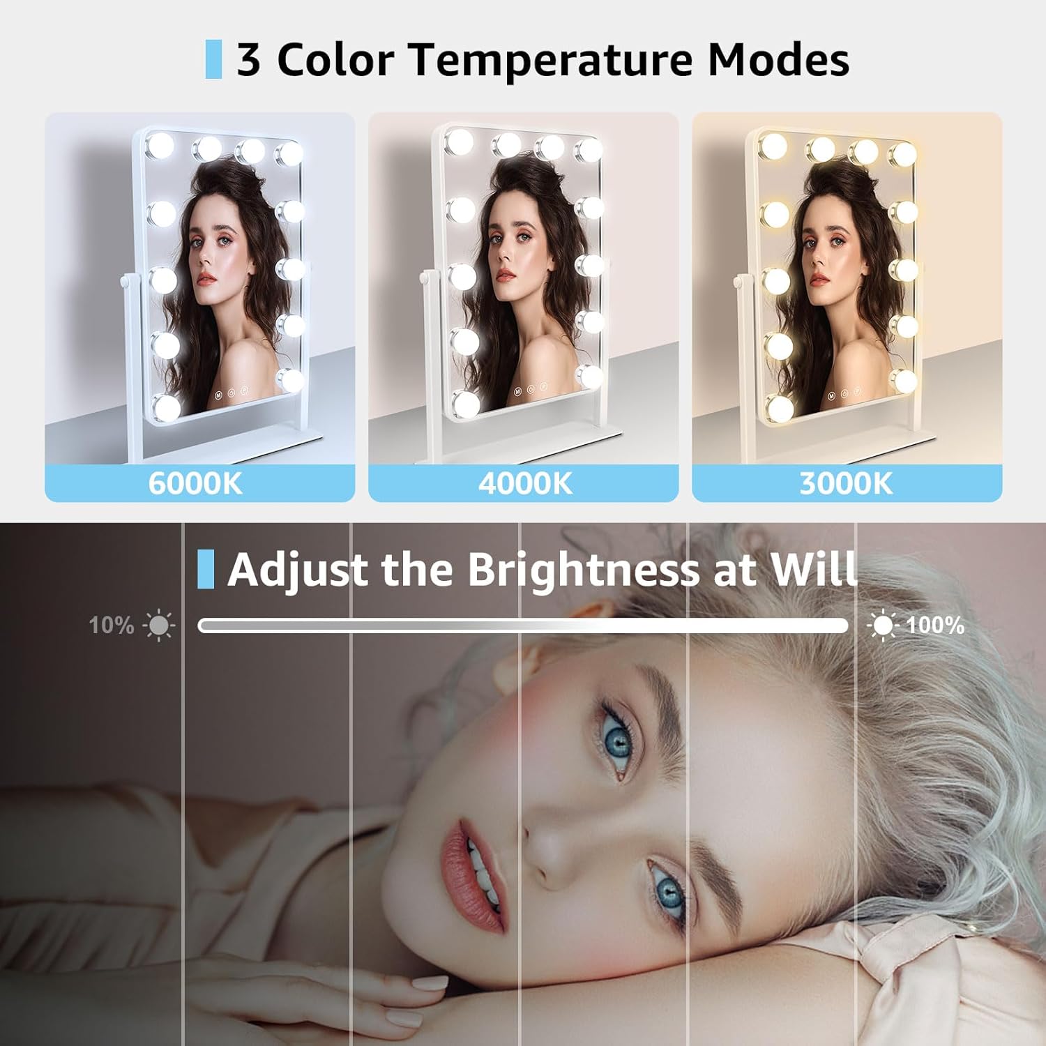 Hazifes Espejo de tocador grande de Hollywood con luces 12 LED, espejo de maquillaje de mesa con control táctil inteligente, 3 colores, bombillas
