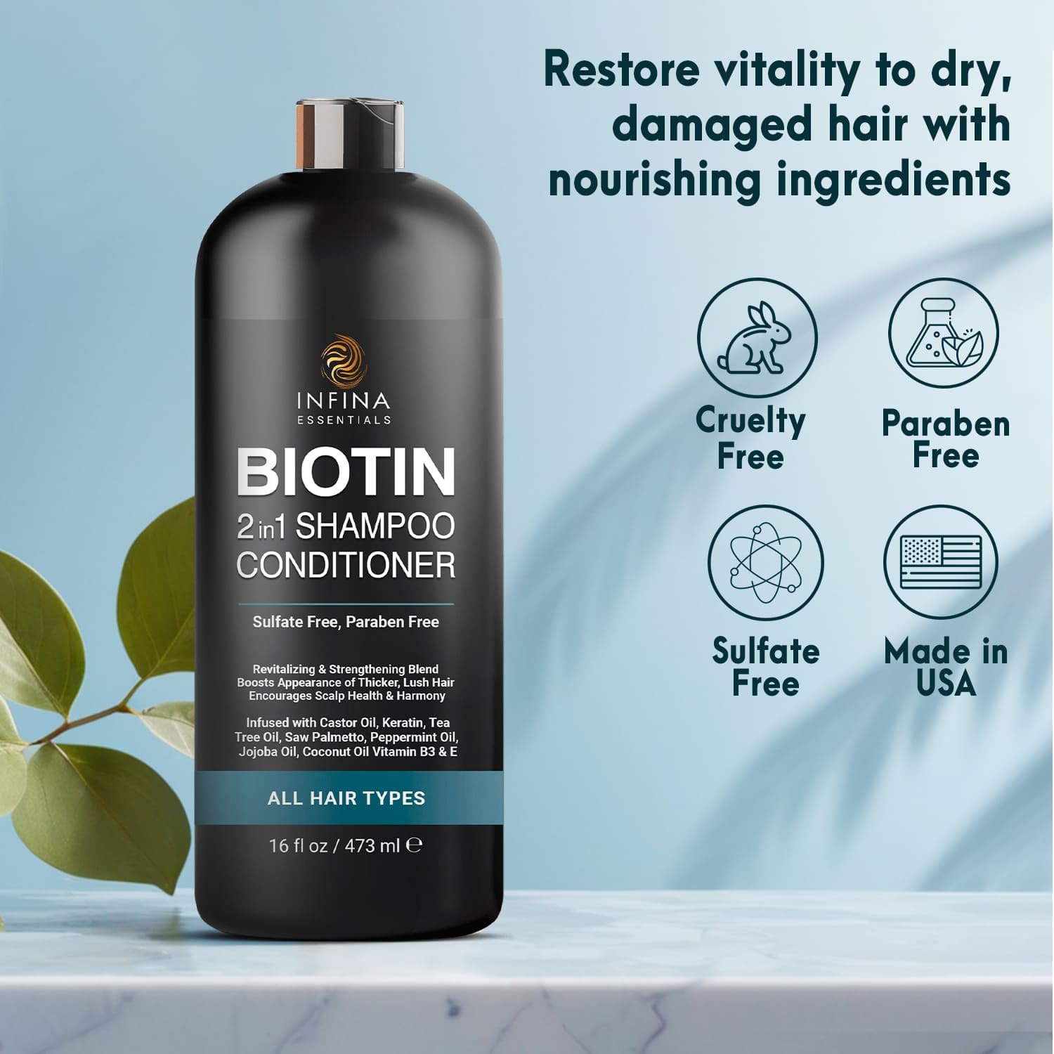 Biotin Champú y acondicionador 2 en 1 para hombres y mujeres  Espesamiento del cabello con palma enana americana, queratina, cafeína y vitamina E
