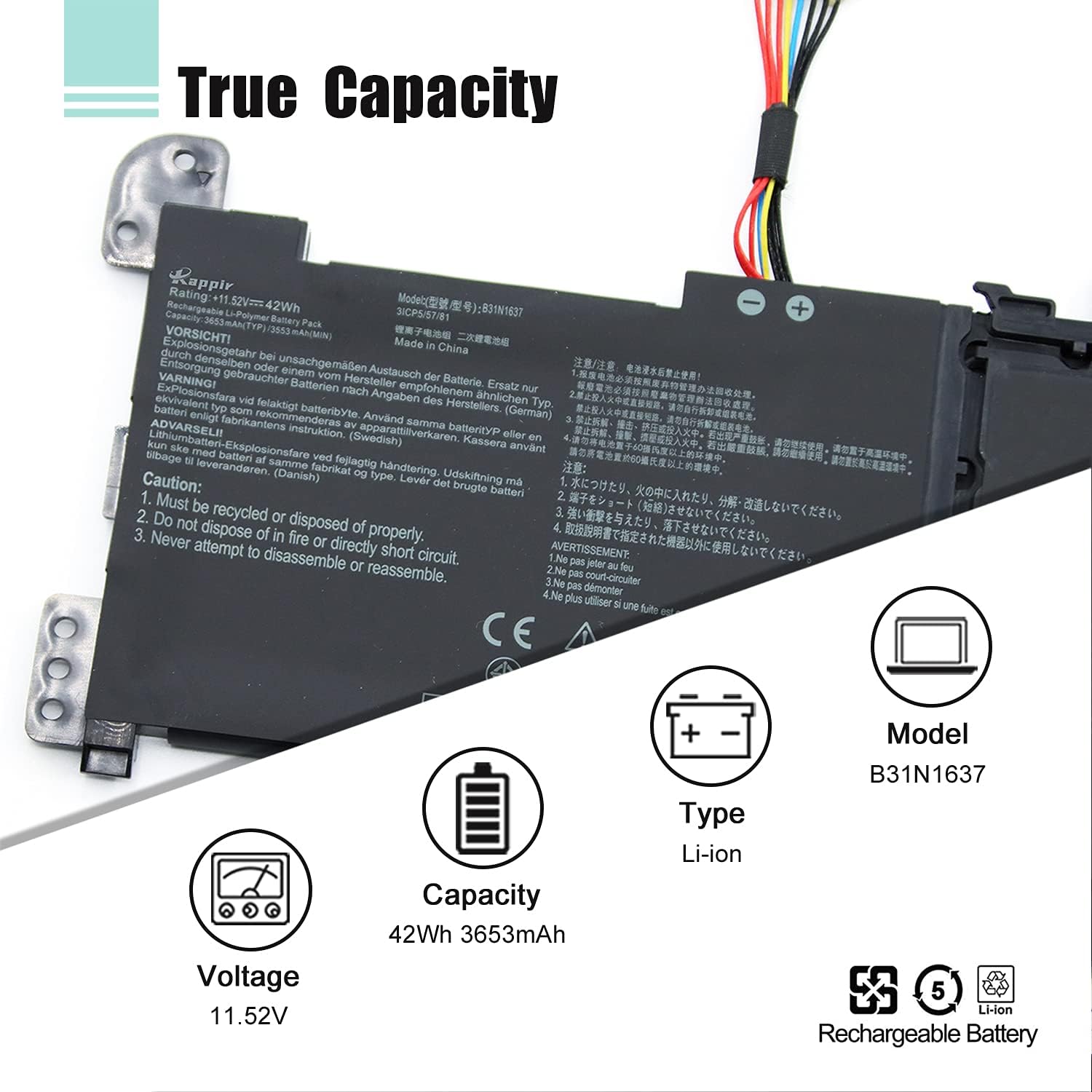 B31N1637 – Batería de repuesto para portátil Asus VivoBook X510 X510U X510UQ X510UA X510UAR X510UF VivoBook S15 S510U S510UF S510UQ S510UR S510UA