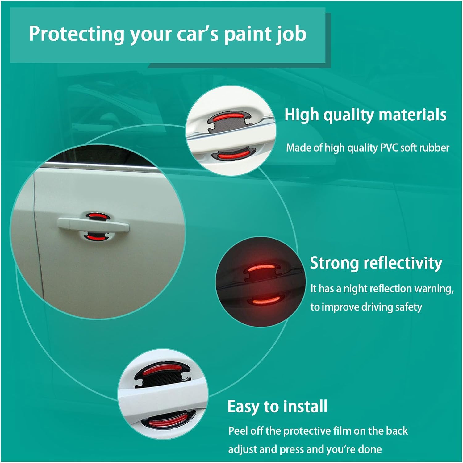 4 protectores contra arañazos para manijas de puerta de automóvil, fibra de carbono 3D, antiarañazos, protector de pintura con tiras reflectantes de