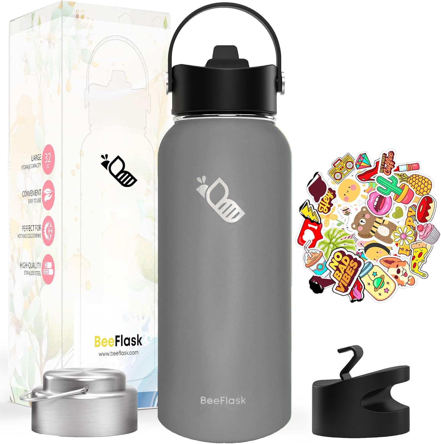 Botella de agua deportiva – 32 onzas, 3 tapas (con pajita), 50 bonitas calcomanías, aislamiento al vacío, acero inoxidable 308, con una parte de