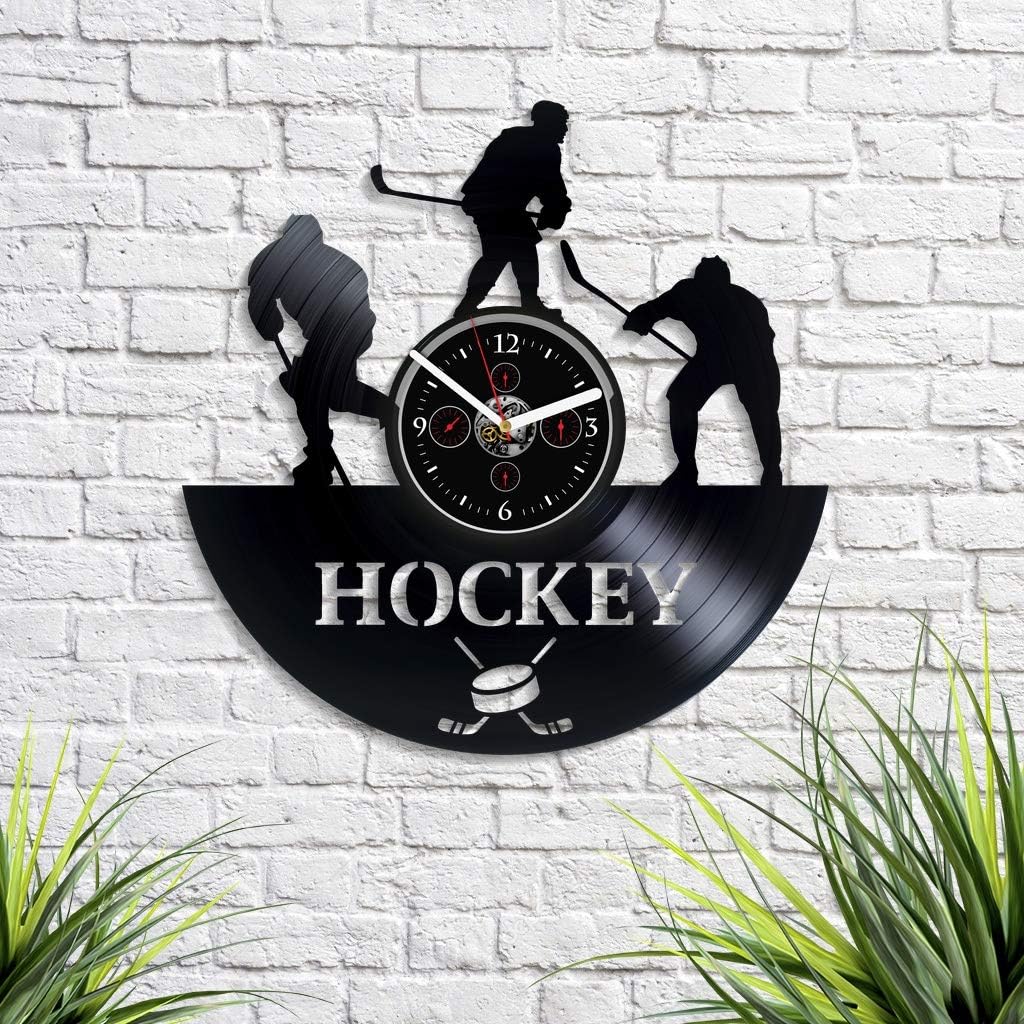 Reloj de pared deportivo de hockey con disco de vinilo vintage, reloj de pared retro, reloj de pared grande de hockey deportivo de 12 pulgadas,