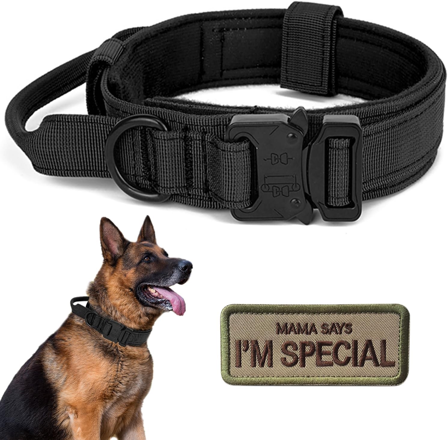 Collar táctico para perro con asa, collar militar para perro, collar de entrenamiento ajustable, collar de nailon suave y hebilla de metal