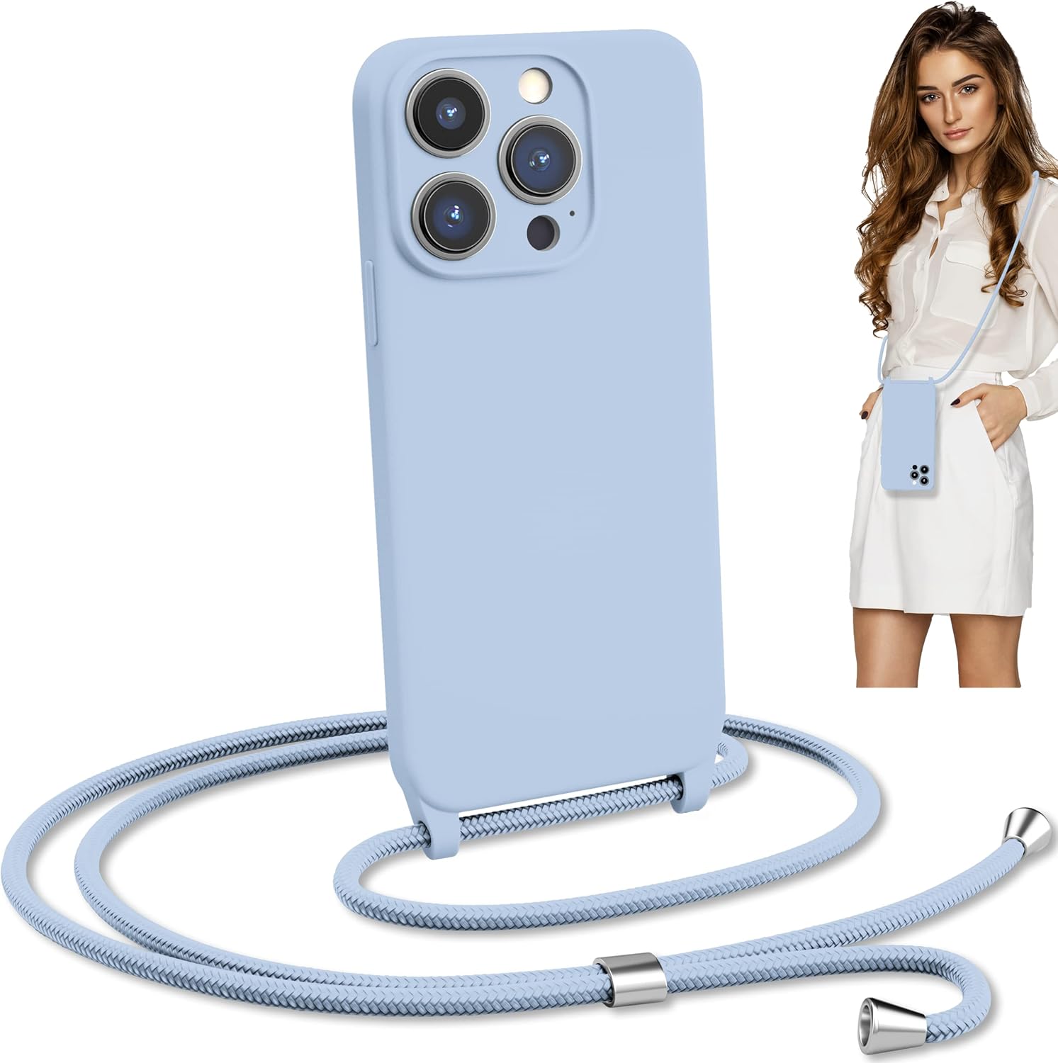 Blaspins Funda de correa cruzada con cordón para iPhone 15 Plus, manos libres, cuello cruzado, cuerda ajustable extraíble, protección contra caídas