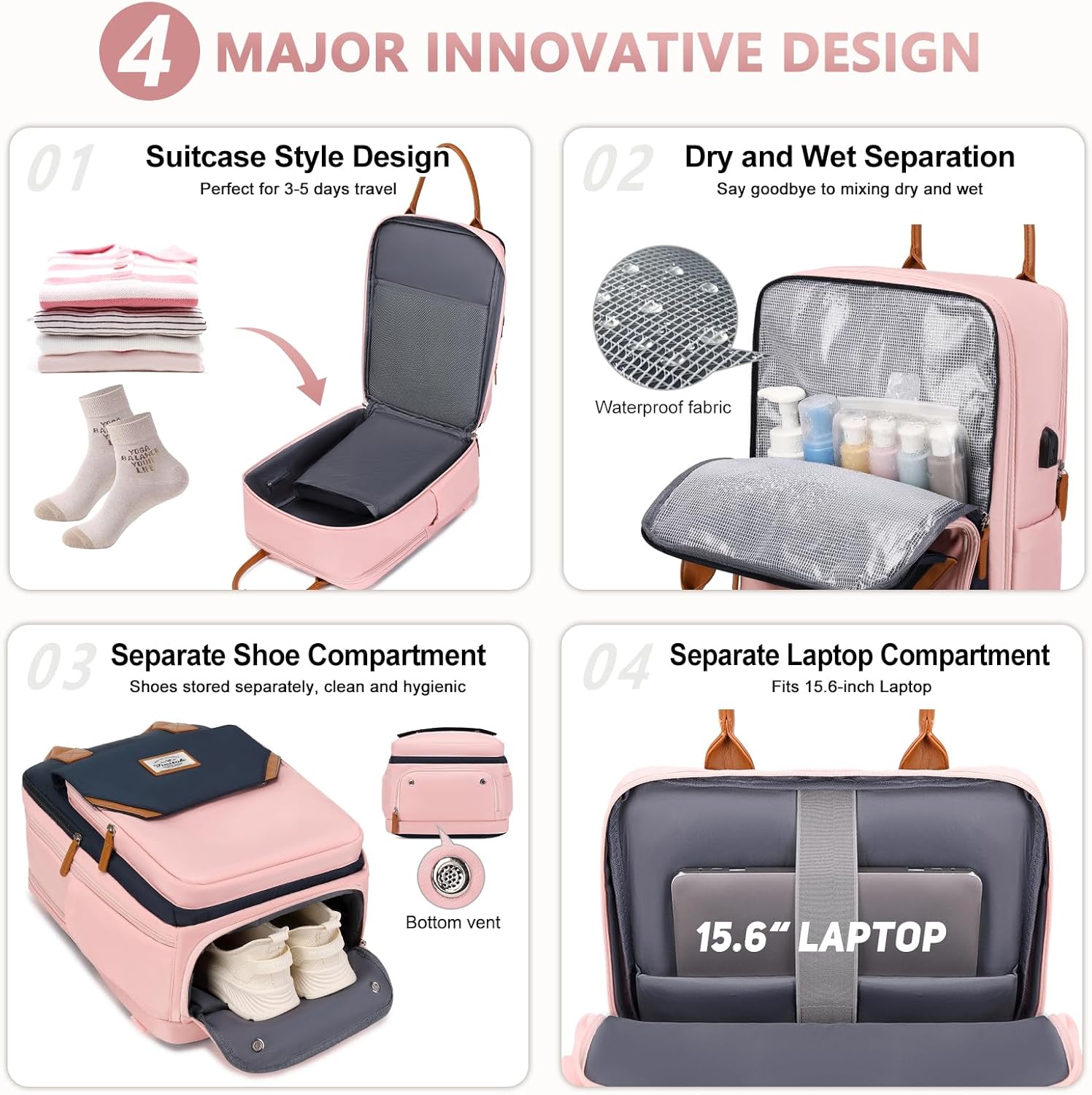 FIXITOK Mochila de viaje grande para mujer, 40L, mochila de equipaje personal, mochila casual, Azul oscuro-rosa, Mochilas de viaje