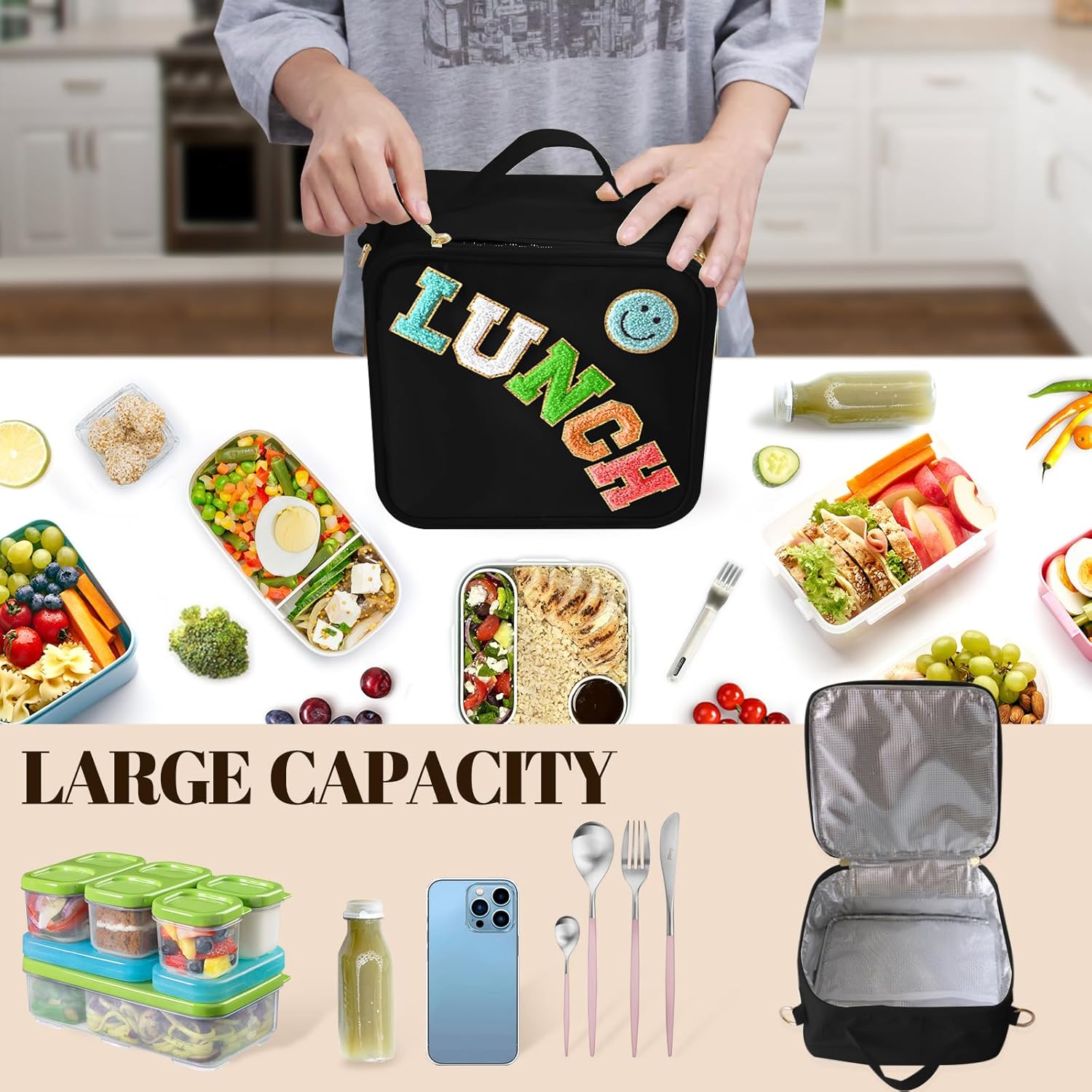Bolsa de almuerzo aislada con correa ajustable para el hombro, lonchera de nailon preppy, bolsa de almuerzo con aislamiento grande, bolsa de
