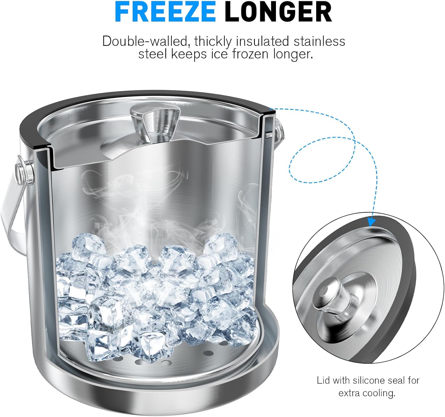 Cubo de hielo de 2 litros con tapa de silicona, colador, pinzas, pequeño cubo de hielo de acero inoxidable aislado de doble pared para cócteles y