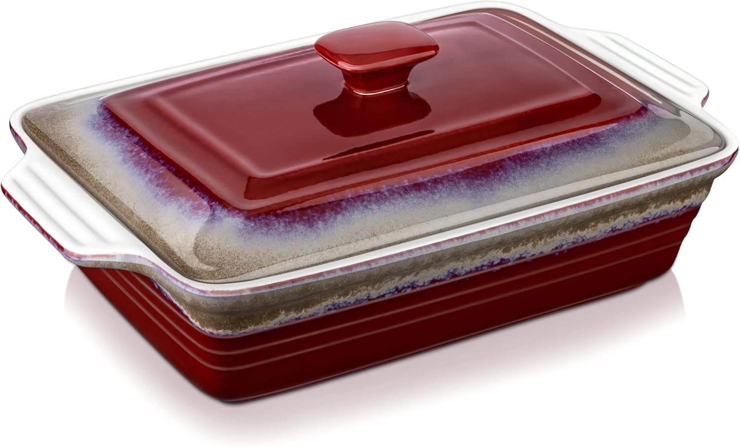 LOVECASA Plato para hornear profundo de 4.5 cuartos de galón con tapa, cacerola rectangular de cerámica de 9 x 13 pulgadas con tapa, sartenes