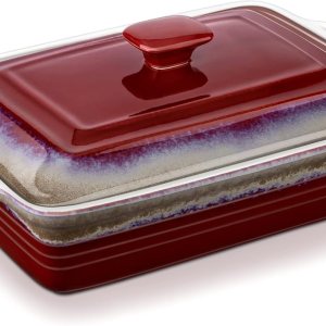 LOVECASA Plato para hornear profundo de 4.5 cuartos de galón con tapa, cacerola rectangular de cerámica de 9 x 13 pulgadas con tapa, sartenes LOVECASA Plato para hornear profundo de 4.5 cuartos de galón con tapa, cacerola rectangular de cerámica de 9 x 13 pulgadas con tapa, sartenes