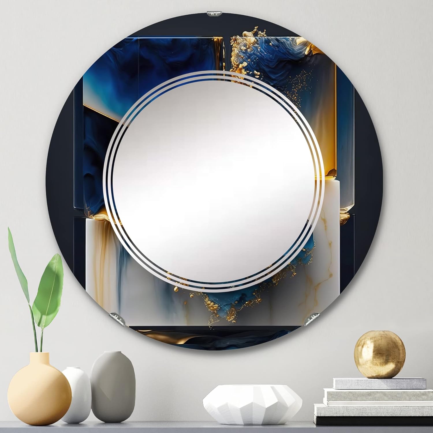 Abstract Geode Gold and Blue Marble Shape II- Vanity Mirror, Bathroom Mirrors, Wall Mirrors for Living Room, Bedroom – Round Mirror – Large 24’x24′,