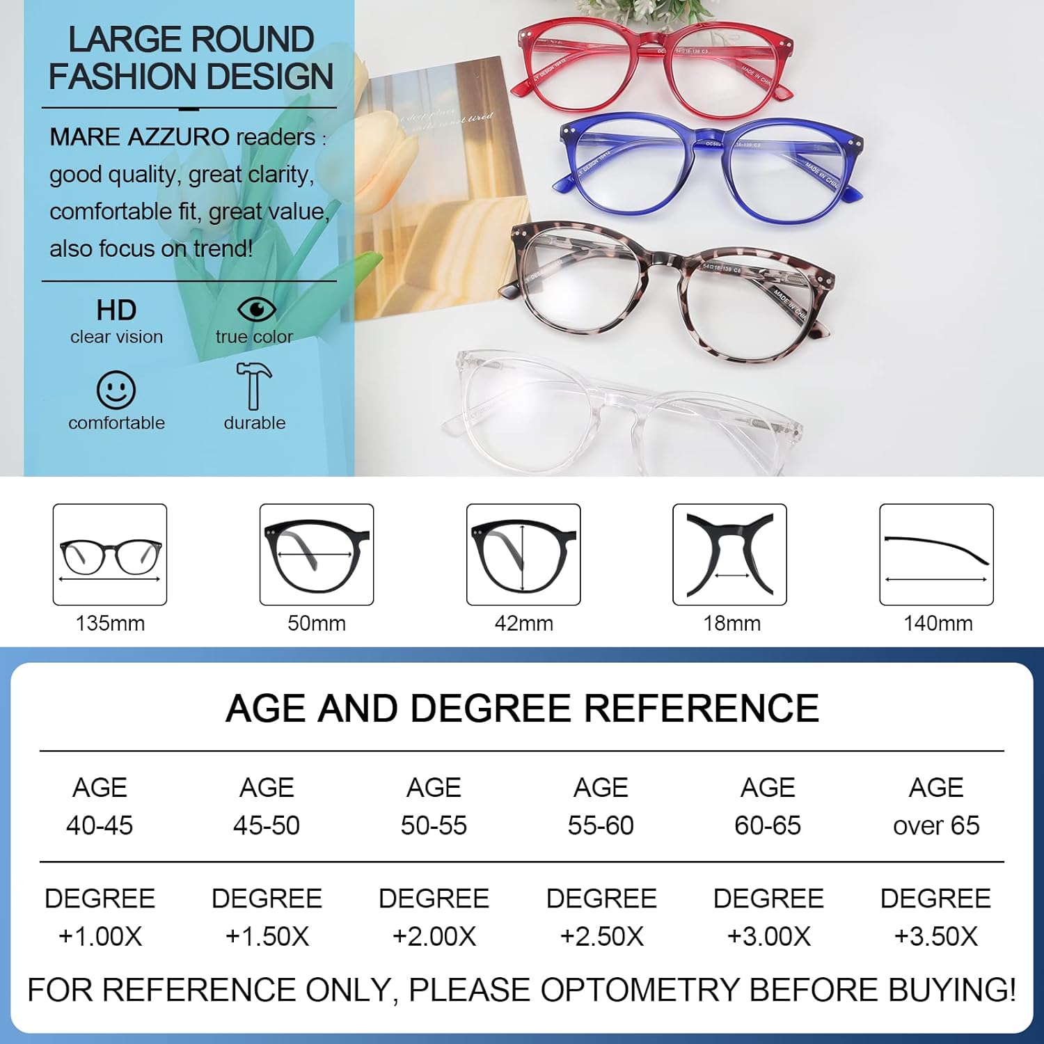 MARE AZZURO Lentes de lectura para mujer, redondos, para lectores femeninos, 0 1.0, 1.25, 1.5, 1.75, 2.0, 2.25, 2.5, 2.75, 3.0, 3.5, 4.0, 5.0, 6.0