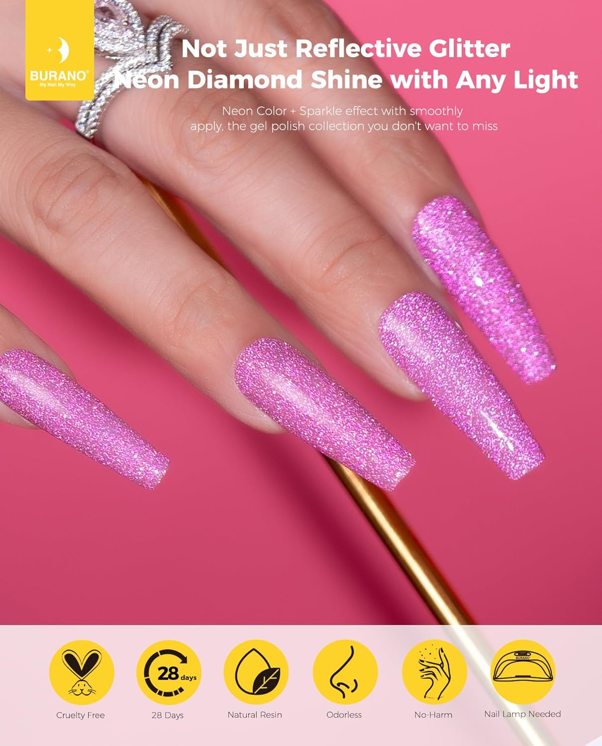 BURANO Esmalte de uñas de gel reflectante, esmalte de gel reflectante con purpurina de diamante de 0.2 fl oz, esmalte de gel de color brillante,
