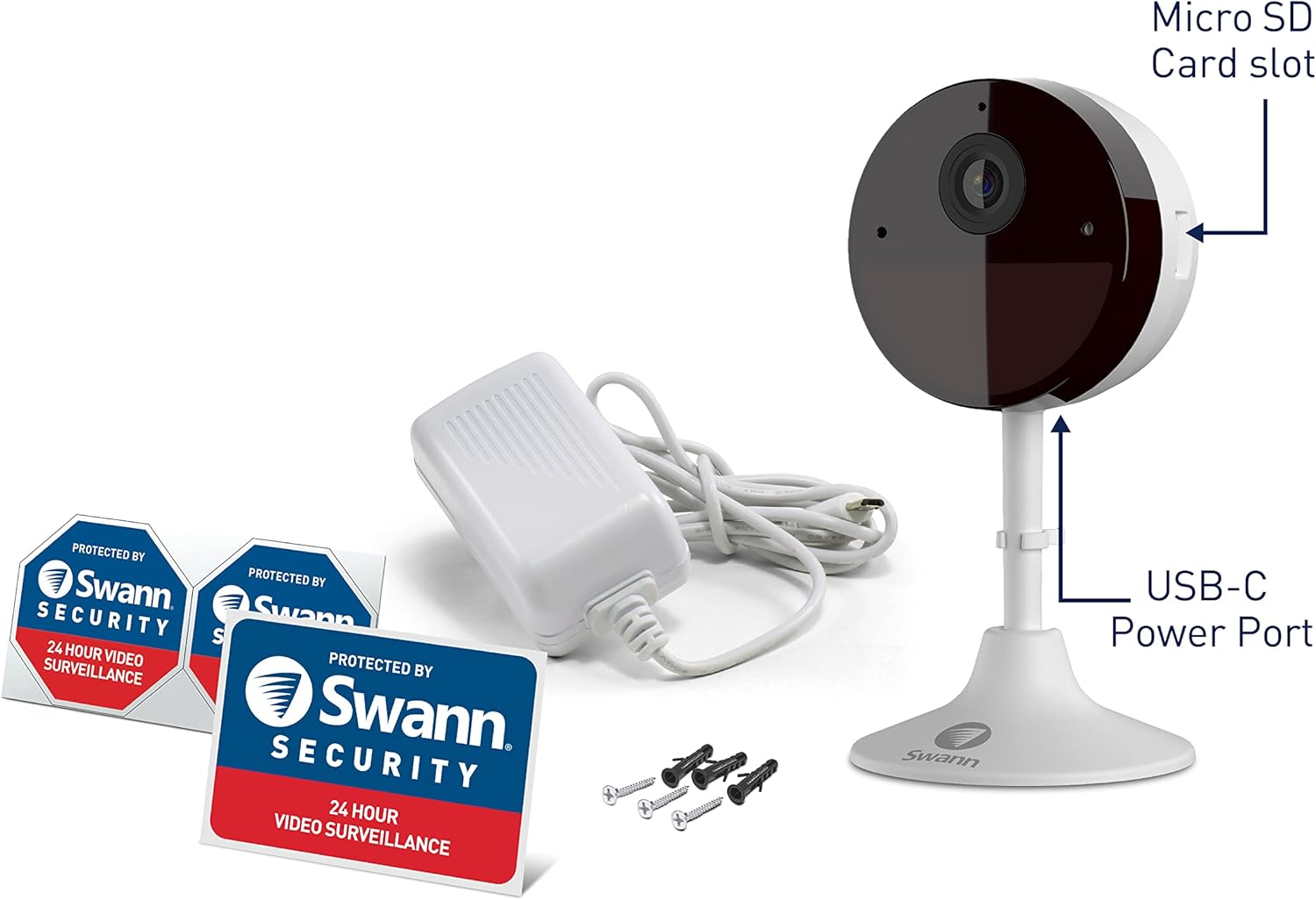 Swann Cámara de seguridad con monitor de bebé Wi-Fi, cámaras de vigilancia para el hogar 2K Quad HD con visión nocturna, conversación de 2 vías,