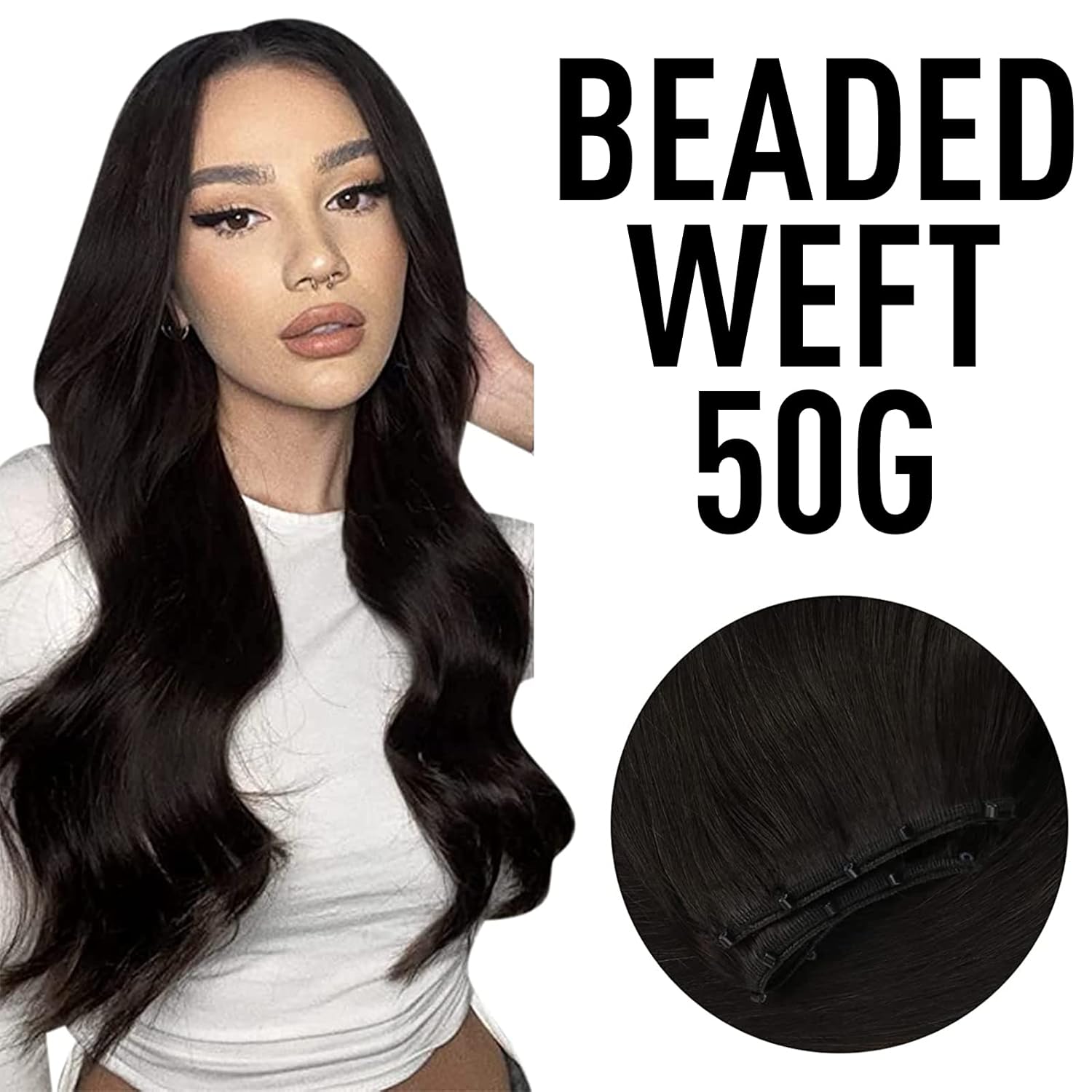 Sunny Extensiones de cabello humano real Remy en trama con microcuentas, color negro azabache, 1.76oz, suaves y sedosas, 20 pulgadas