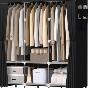 LOKEME Armario portátil para dormitorio, tubo de acero de 0.748 in de diámetro, fuerte y resistente, color negro, armarios portátiles para colgar LOKEME Armario portátil para dormitorio, tubo de acero de 0.748 in de diámetro, fuerte y resistente, color negro, armarios portátiles para colgar