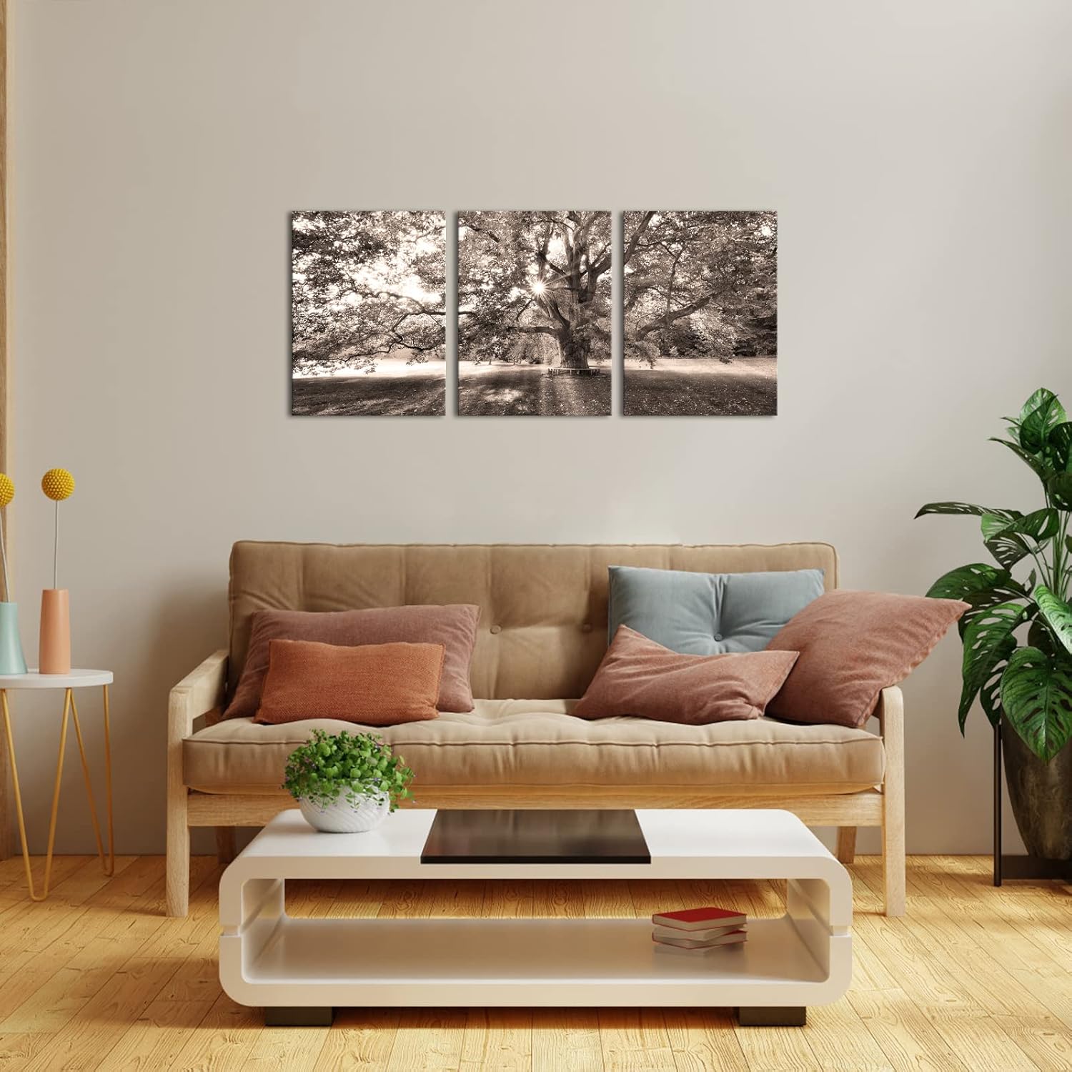 Artsbay Lienzo de árbol grande beige y marrón, arte de pared, árbol viejo en cálido amanecer, paisaje de vida natural, pinturas giclée, arte en