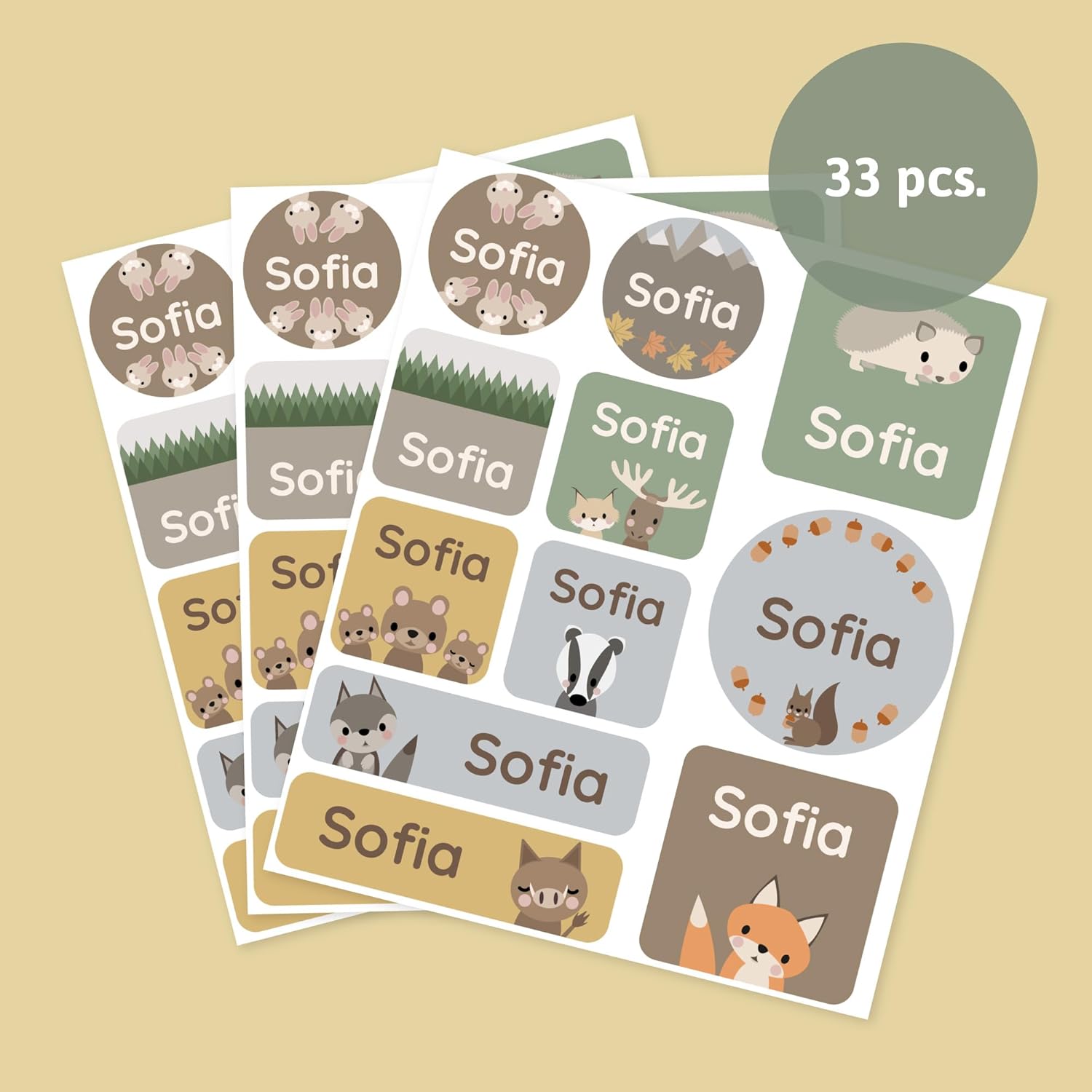 Teddylabels – 33 etiquetas de nombre grandes para niños – Calcomanías para la escuela y el cuarto del bebé – Perfectas para loncheras y botellas de