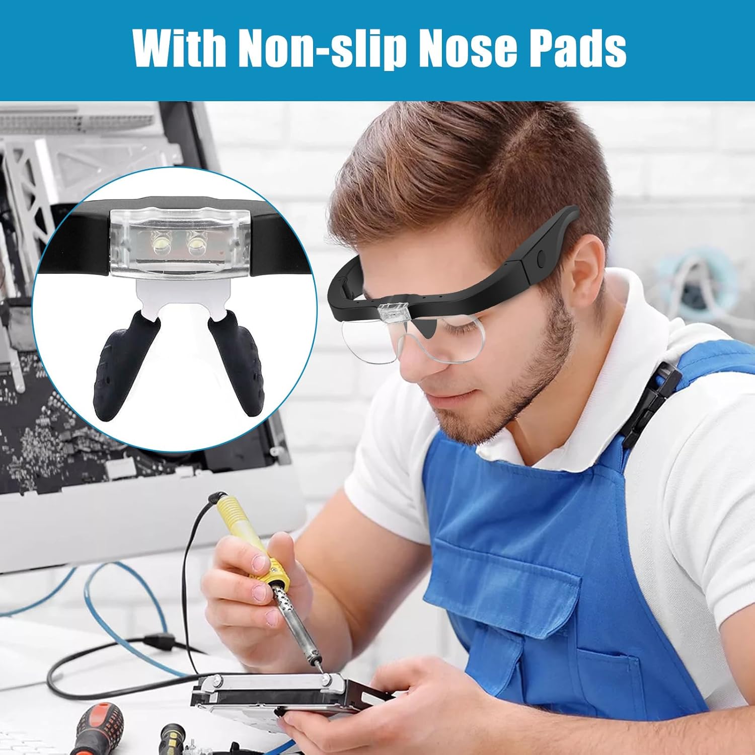 Lupas recargables, lupa iluminada para la cabeza con luz, lupa iluminada manos libres con 4 lentes desmontables 1.5X, 2.5X, 3.5X, 5X para leer joyas