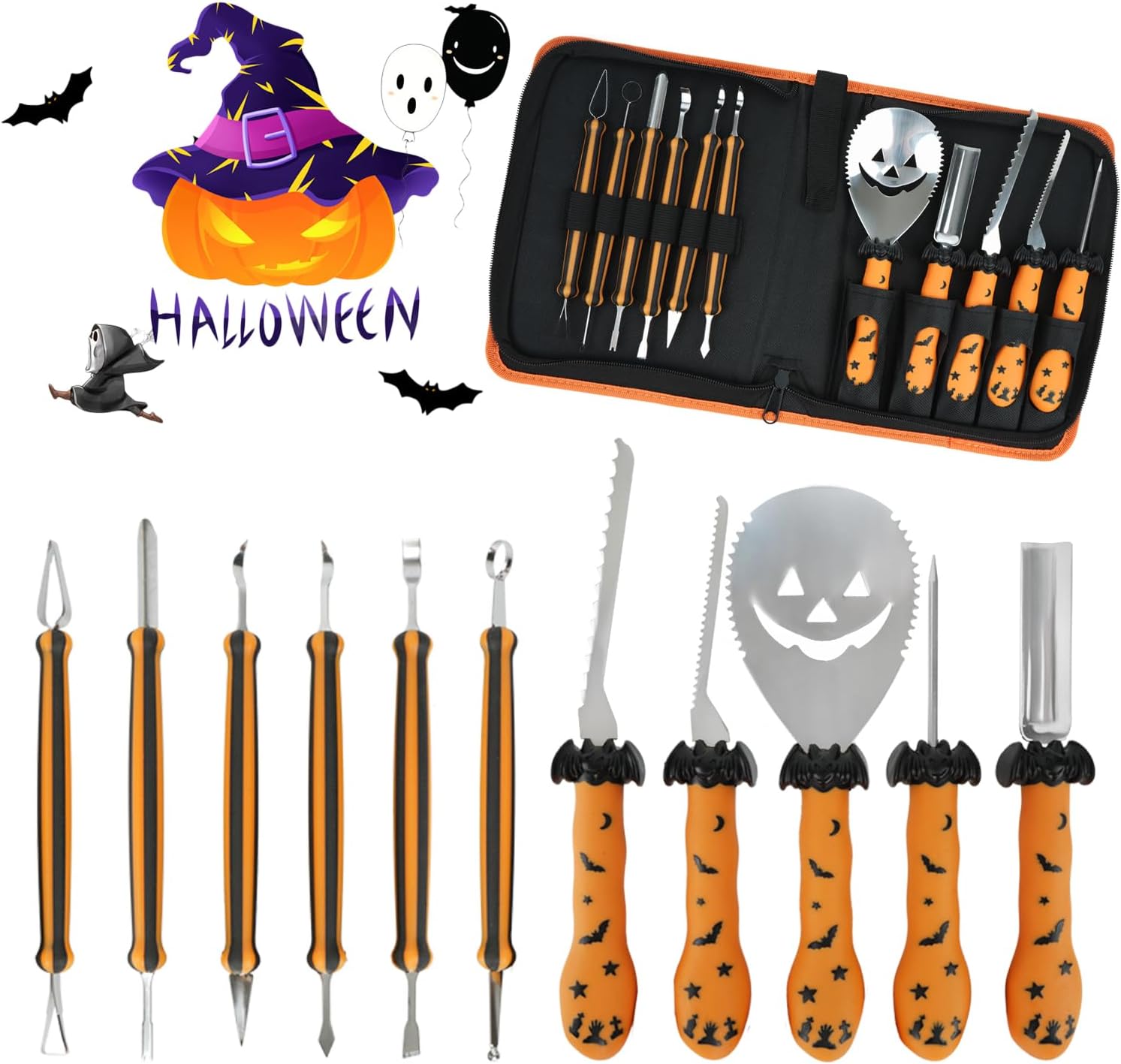 NDLBS Herramientas para tallar calabazas de Halloween, 11 piezas, juego profesional de tallado de calabaza con bolsa de almacenamiento, kit de
