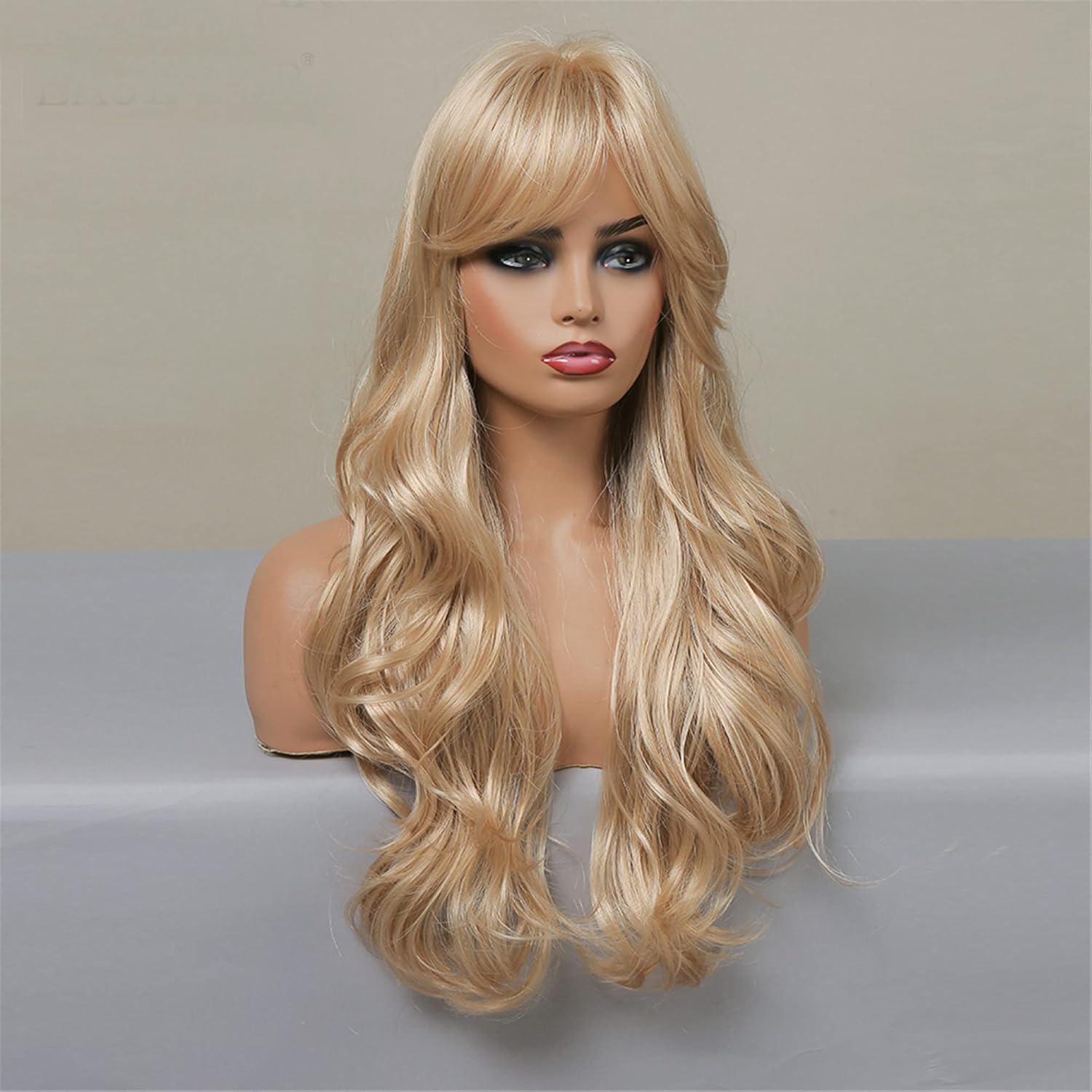 BERON Peluca rubia larga y rizada, peluca rubia dorada con flequillo, peluca larga rubia para mujer, peluca sintética rubia dorada para fiesta