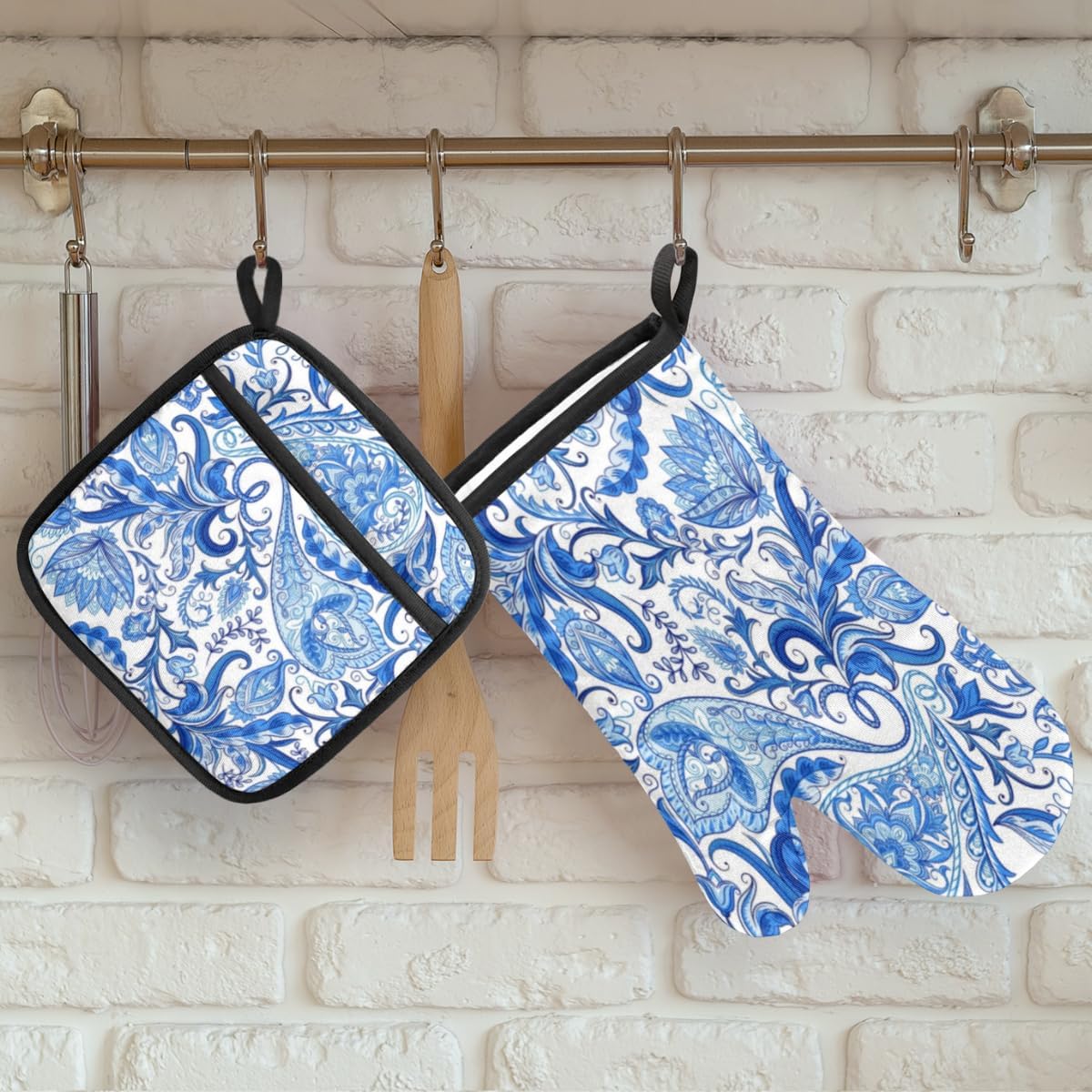 Juego de guantes de horno y soportes para ollas con patrón de cachemira azul y blanco, guantes de horno antideslizantes resistentes al calor y
