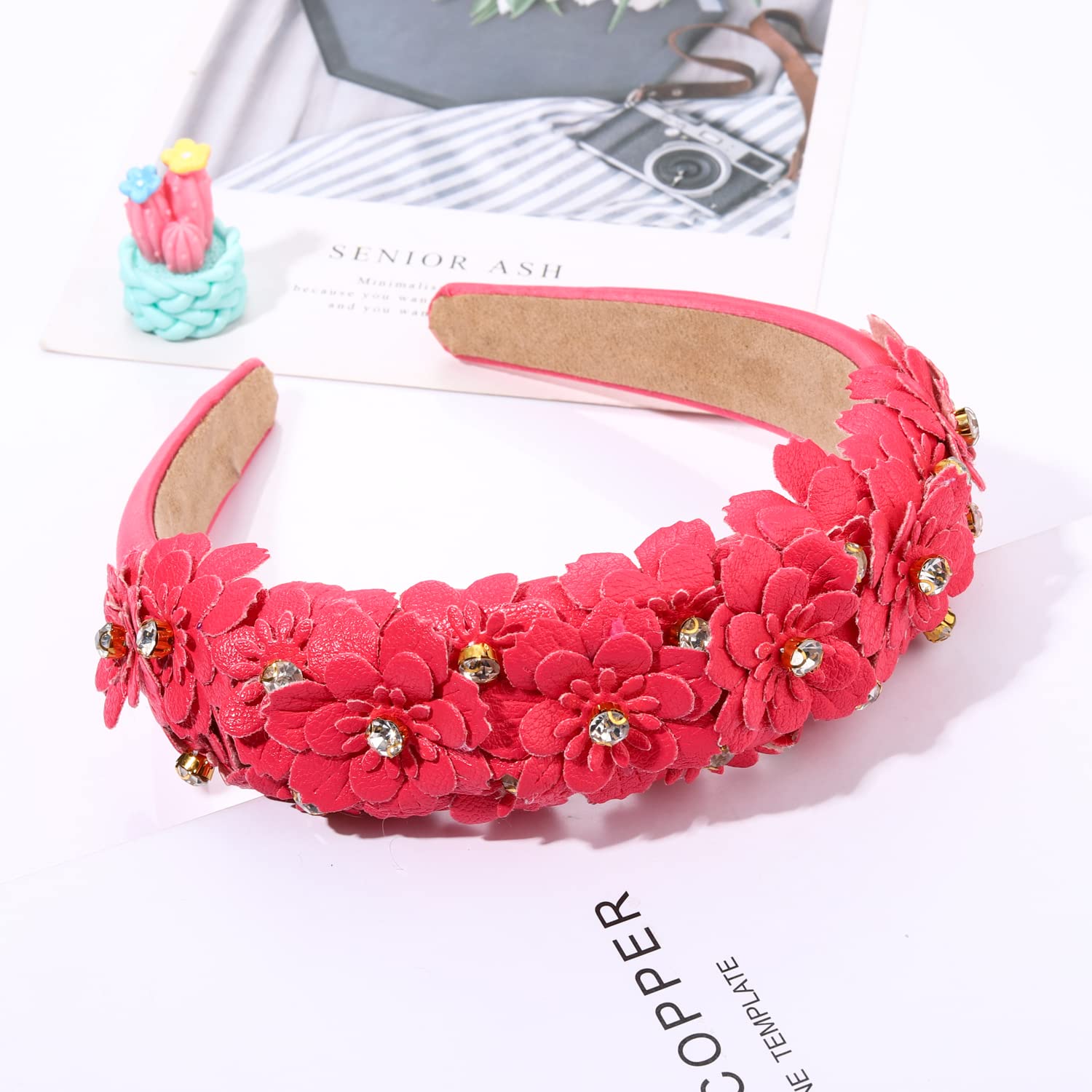 Diademas acolchadas de cristal de flores, diadema de cuero floral adornada con diamantes de imitación, aro ancho para el cabello, color sólido,