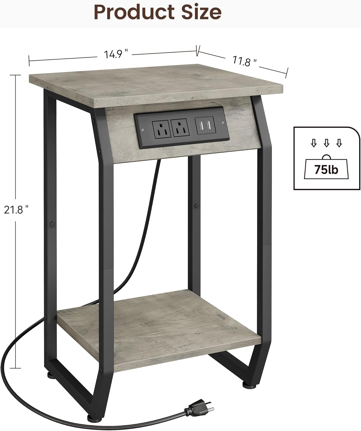Mesa auxiliar con puertos de carga USB y tomacorrientes, mesita de noche de 2 niveles para sala de estar, mesa auxiliar de dormitorio con estación