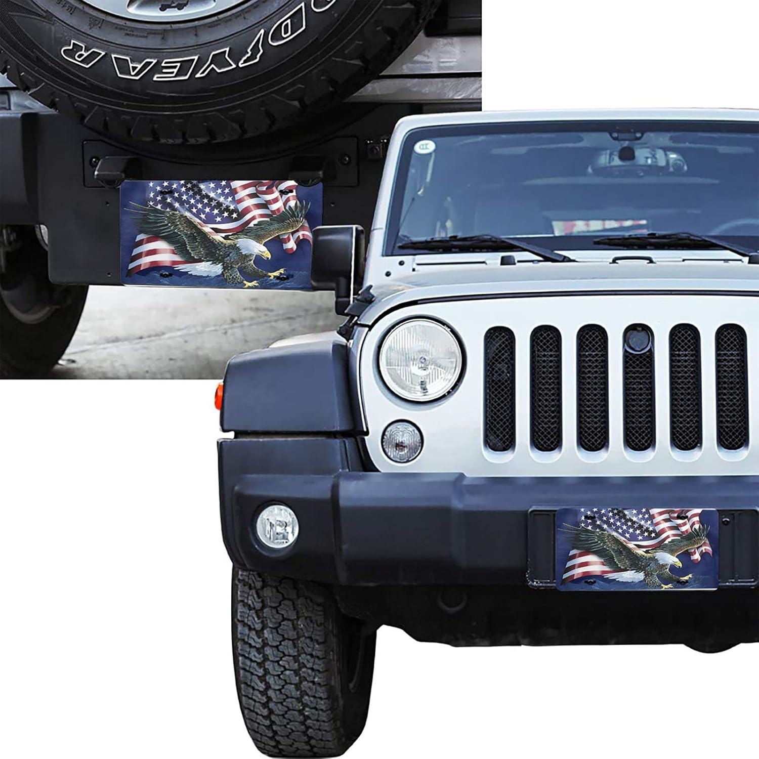 Cubierta de placa de matrícula con bandera de Estados Unidos voladora de águila en la montaña, placas de metal de aluminio fresco, placa de metal