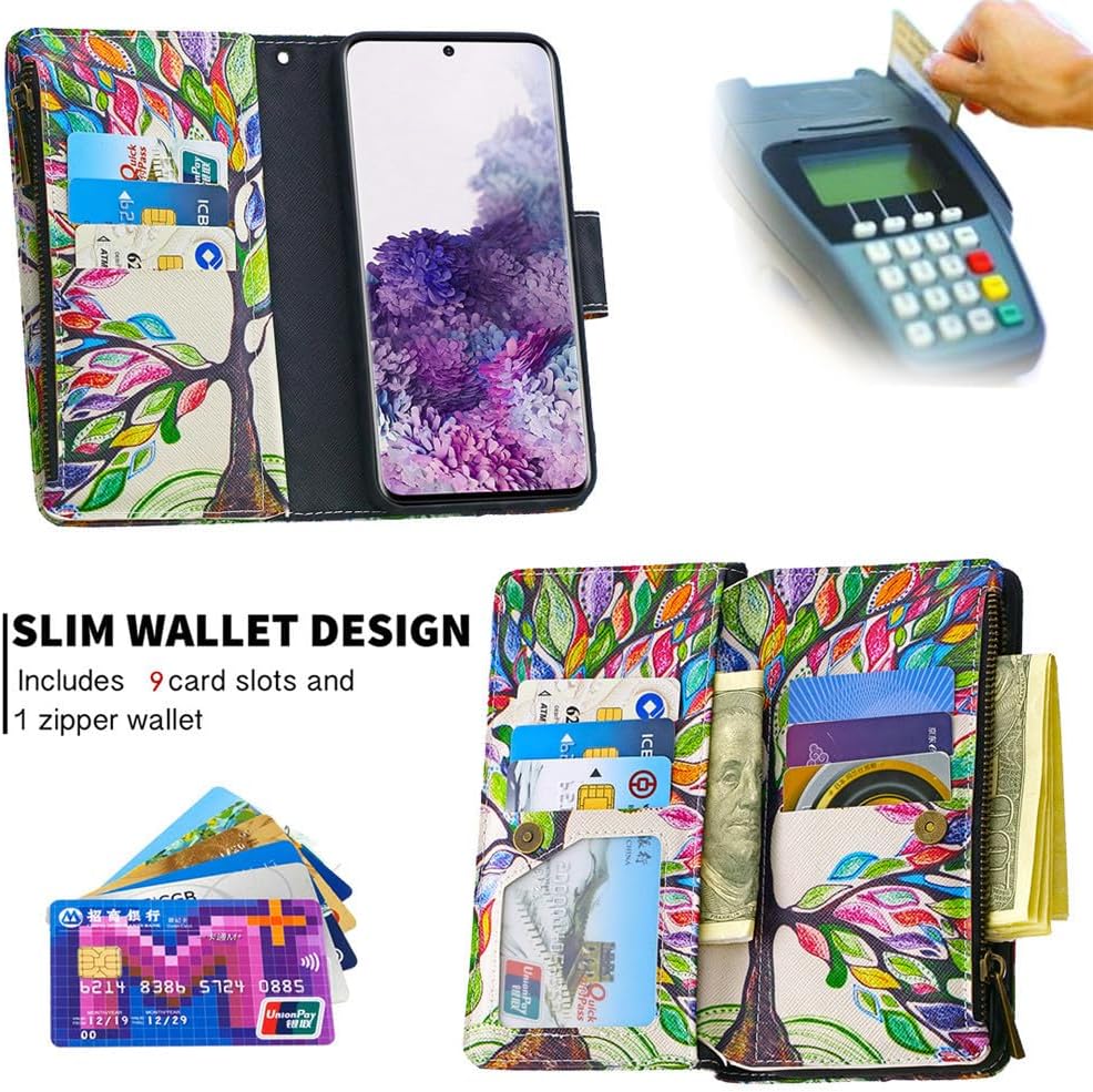 XYX Funda tipo cartera con cremallera para Samsung S20 FE, colorida funda de piel sintética con cierre de cremallera con 9 ranuras para tarjetas y