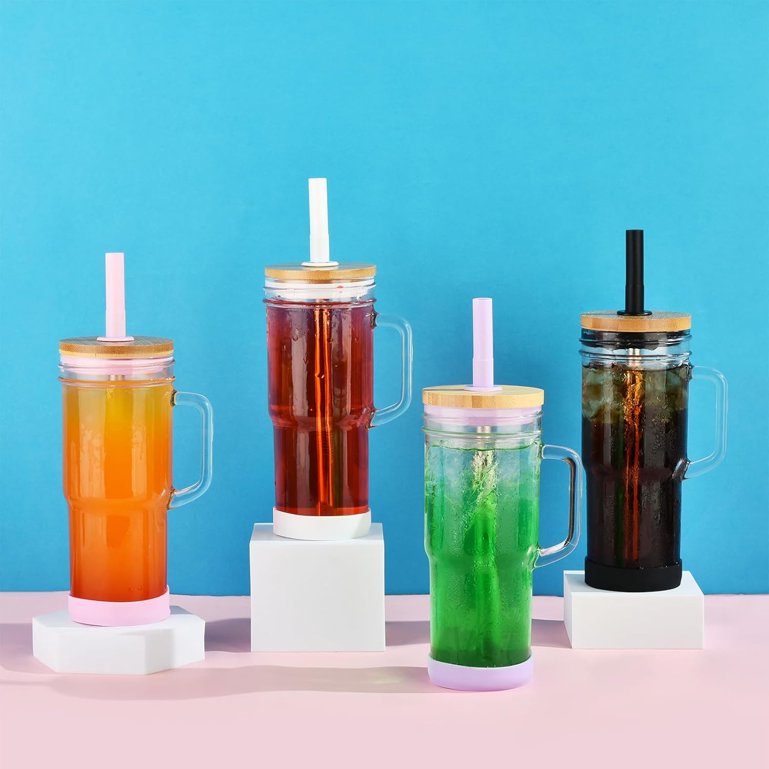 ALINK Vasos de vidrio con tapas y pajitas, vaso de 24 onzas con asa, funda de silicona, puntas, cepillo, tazas de café helado reutilizables, vasos