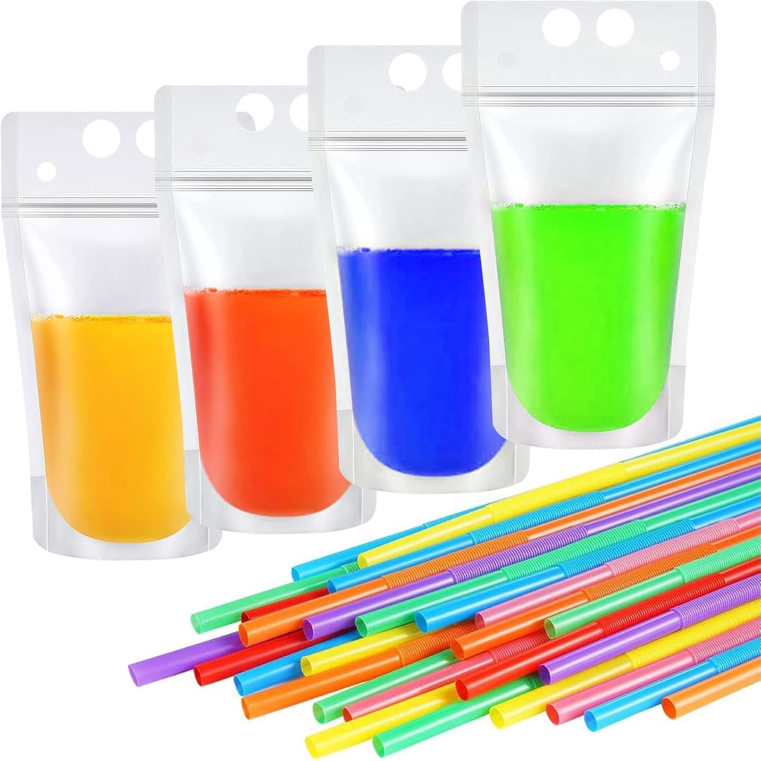 100 bolsas de bebida con 100 popotes de bebida, bolsas reutilizables para batidos, bolsas de jugo, bolsas de bebidas para adultos, bolsas de bebidas