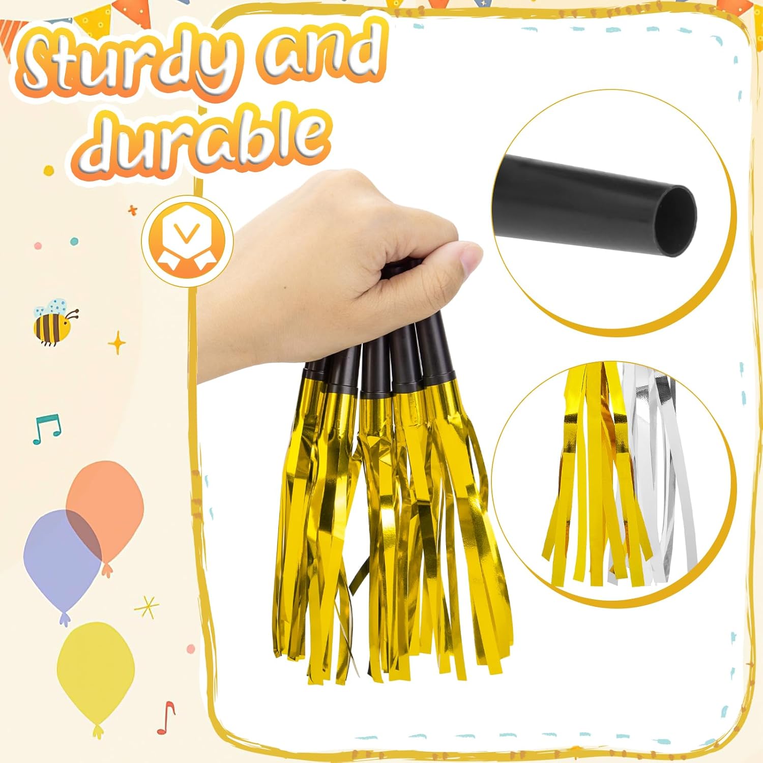 LovesTown 36 sopladores metálicos con flecos para fiestas, con purpurina, color dorado y plateado, silbatos para niños, adultos, cumpleaños, Año