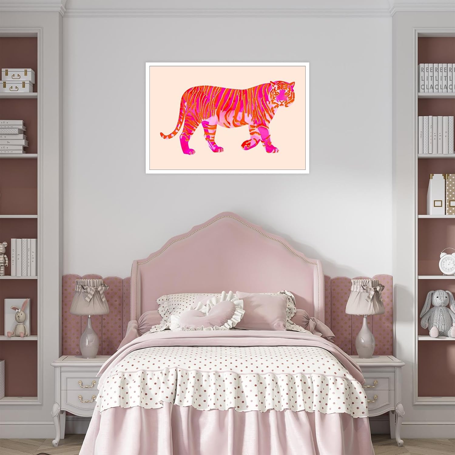 BNGFDV Lienzo de tigre rosa y naranja funky para pared, póster moderno de animales preparados para dormitorio de niñas, dormitorio universitario,