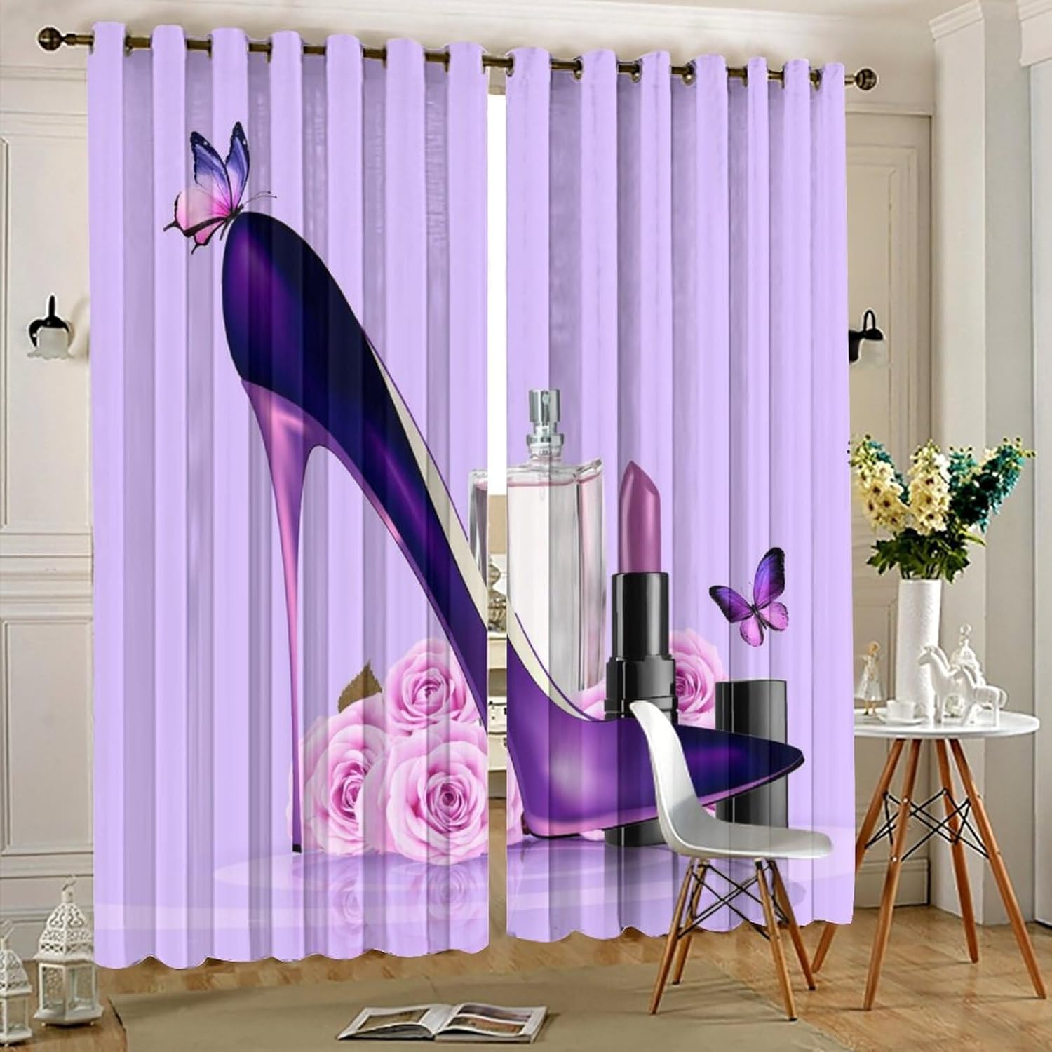 Cortinas moradas de lujo con diamantes de tacón alto para dormitorio, diseño moderno de mujer, con estampado de mariposas, aislamiento térmico,